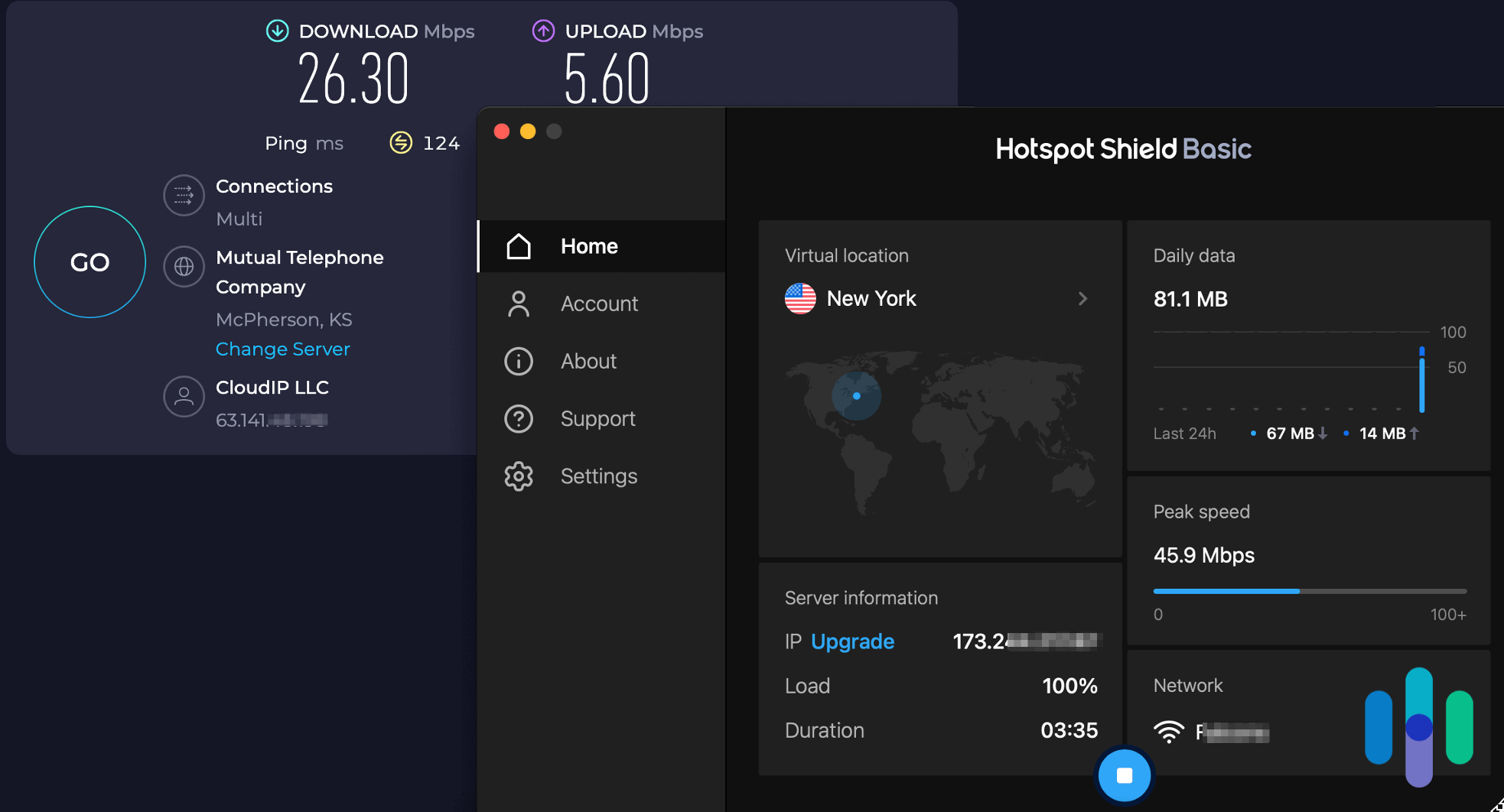 One of our speed tests with Hotspot Shield (free) was a little sluggish.