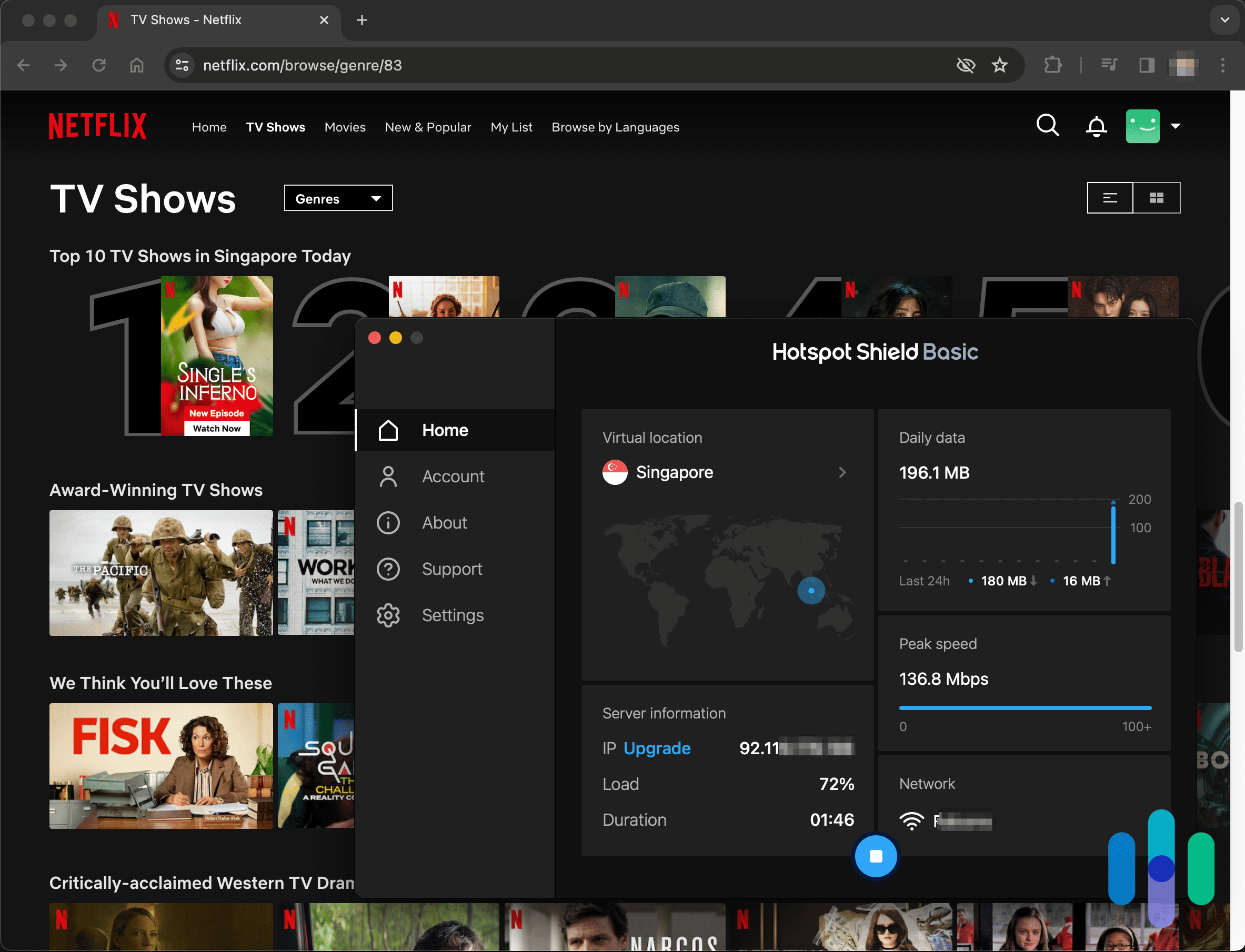 Hotspot Shield connected to Singapore browsing Netflix