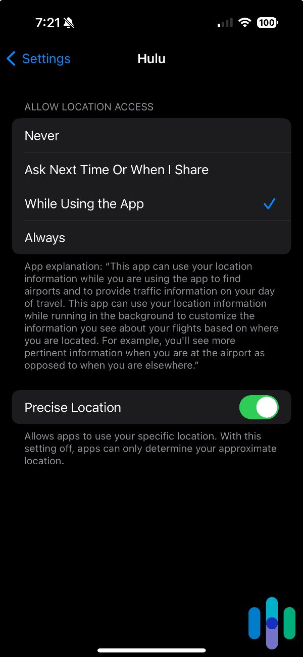 Location Access Settings for Hulu