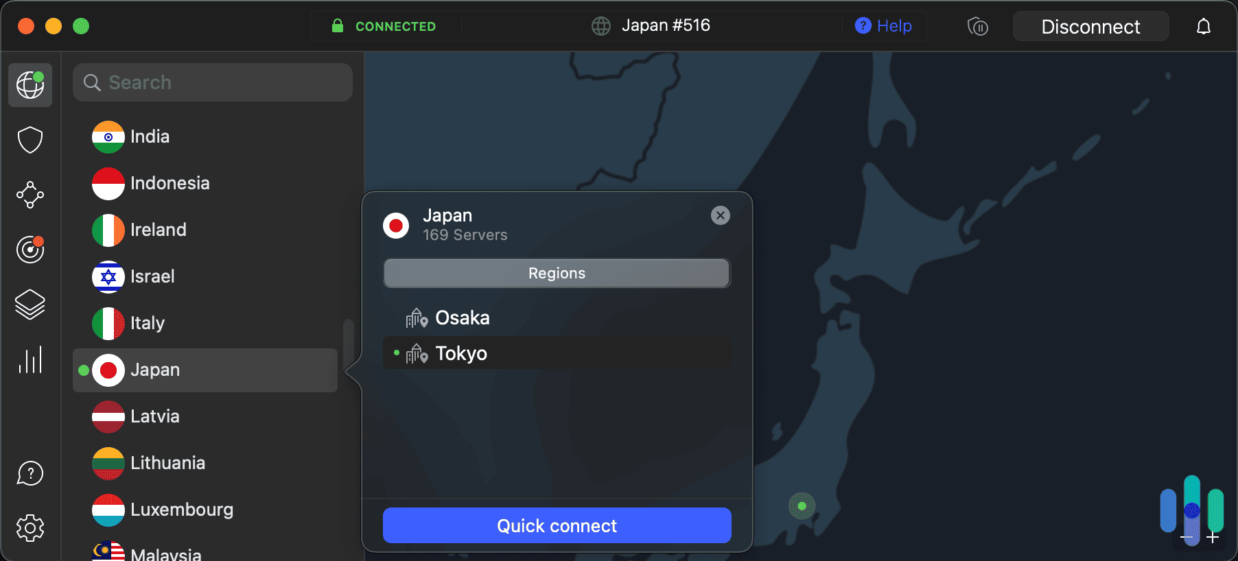 NordVPN desktop app connected to a Tokyo, Japan server