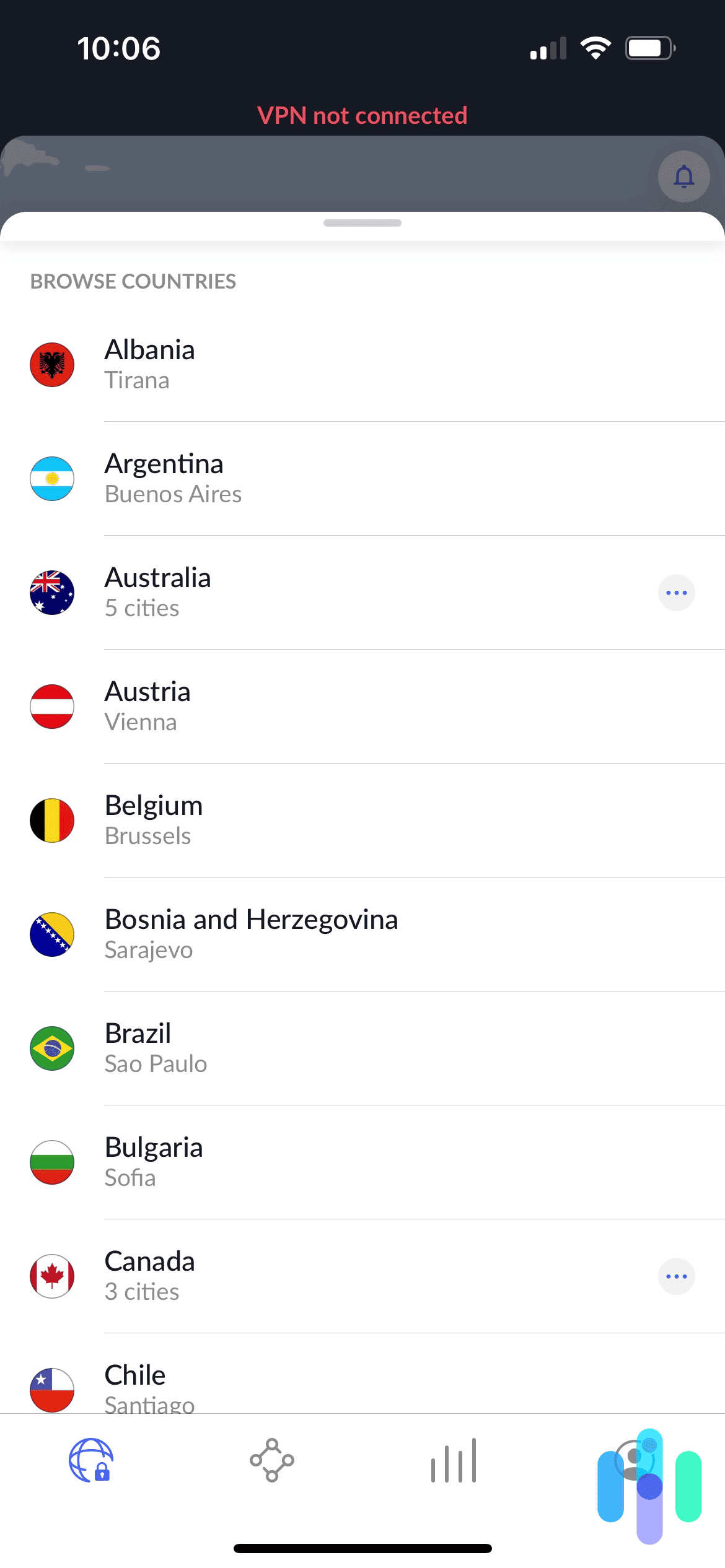 NordVPN Country Browser on iPhone