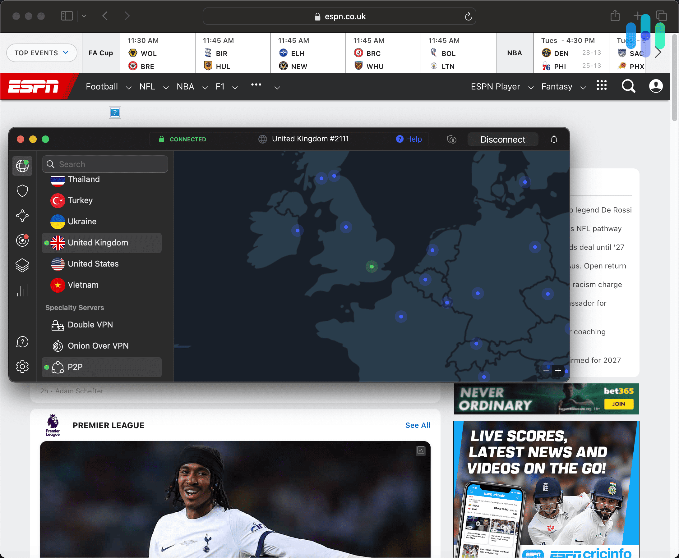Using NordVPN on a UK server and browsing ESPN UK content with Safari