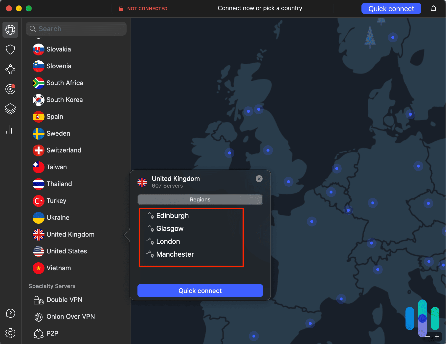 NordVPN UK location : server options