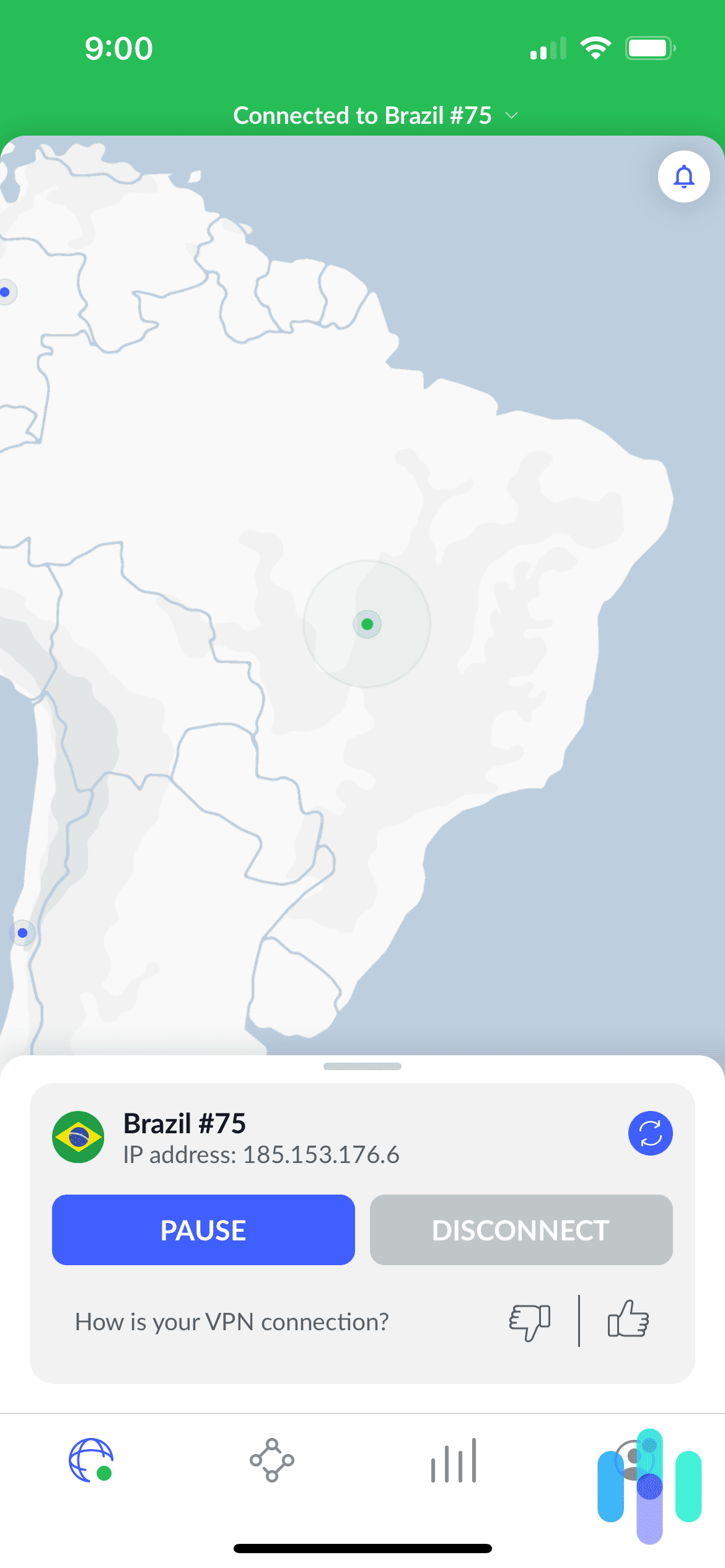 NordVPN connected to Brazil on iPhone
