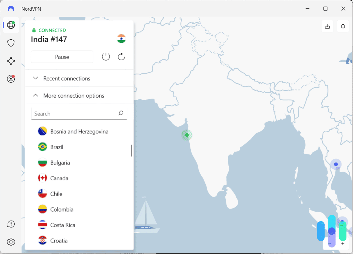 NordVPN connected to India on Windows