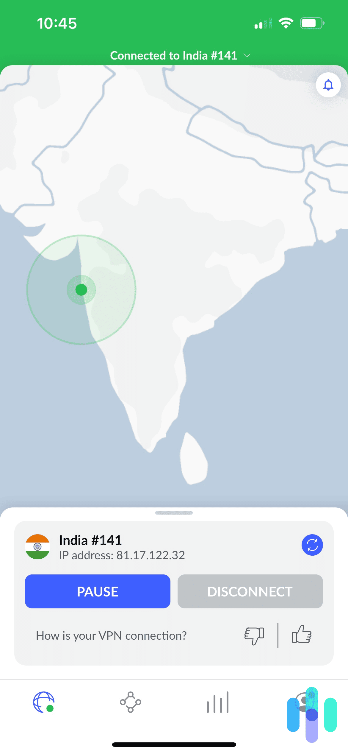 NordVPN connected to India on iPhone
