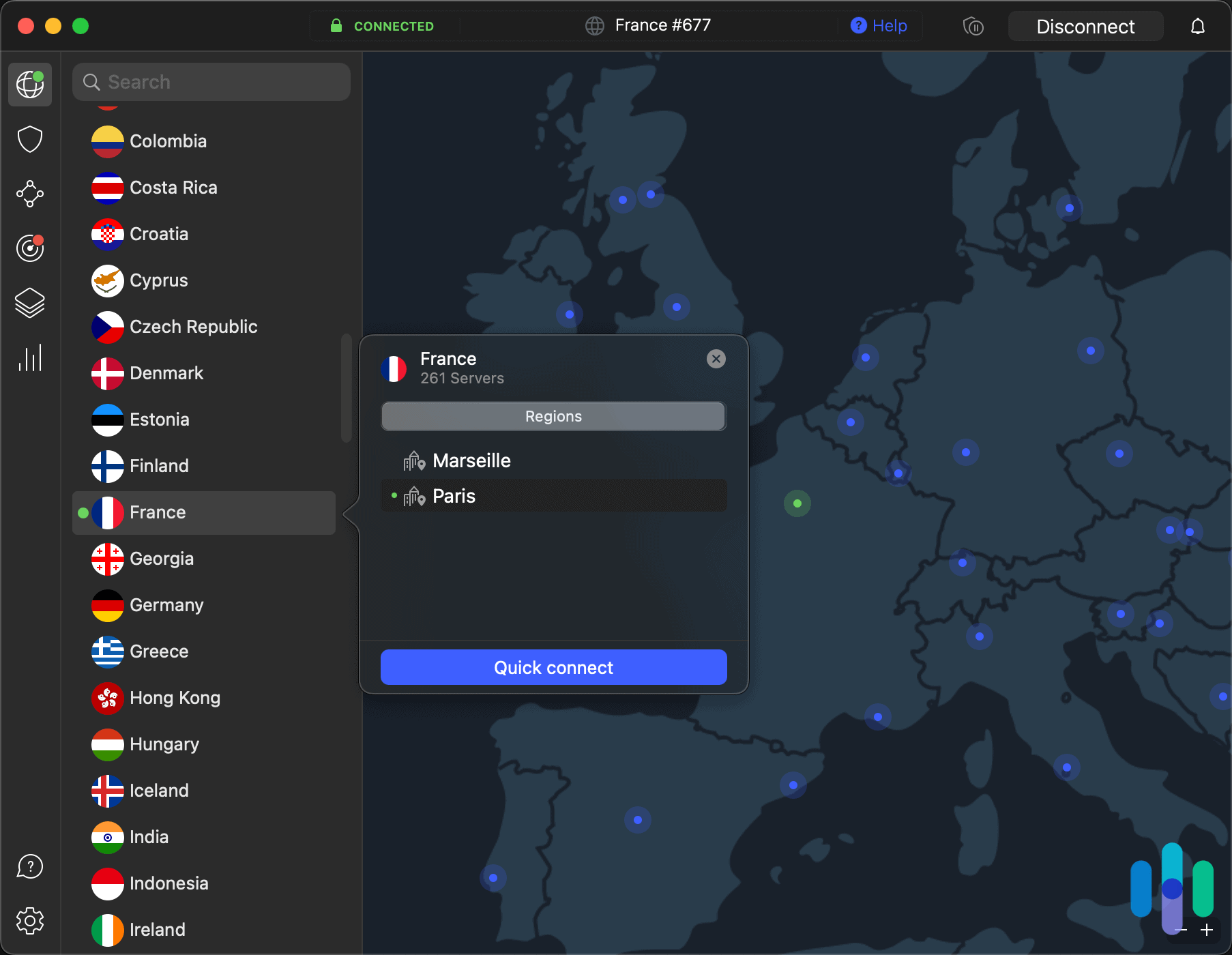 NordVPN desktop app connected to a Paris, France server