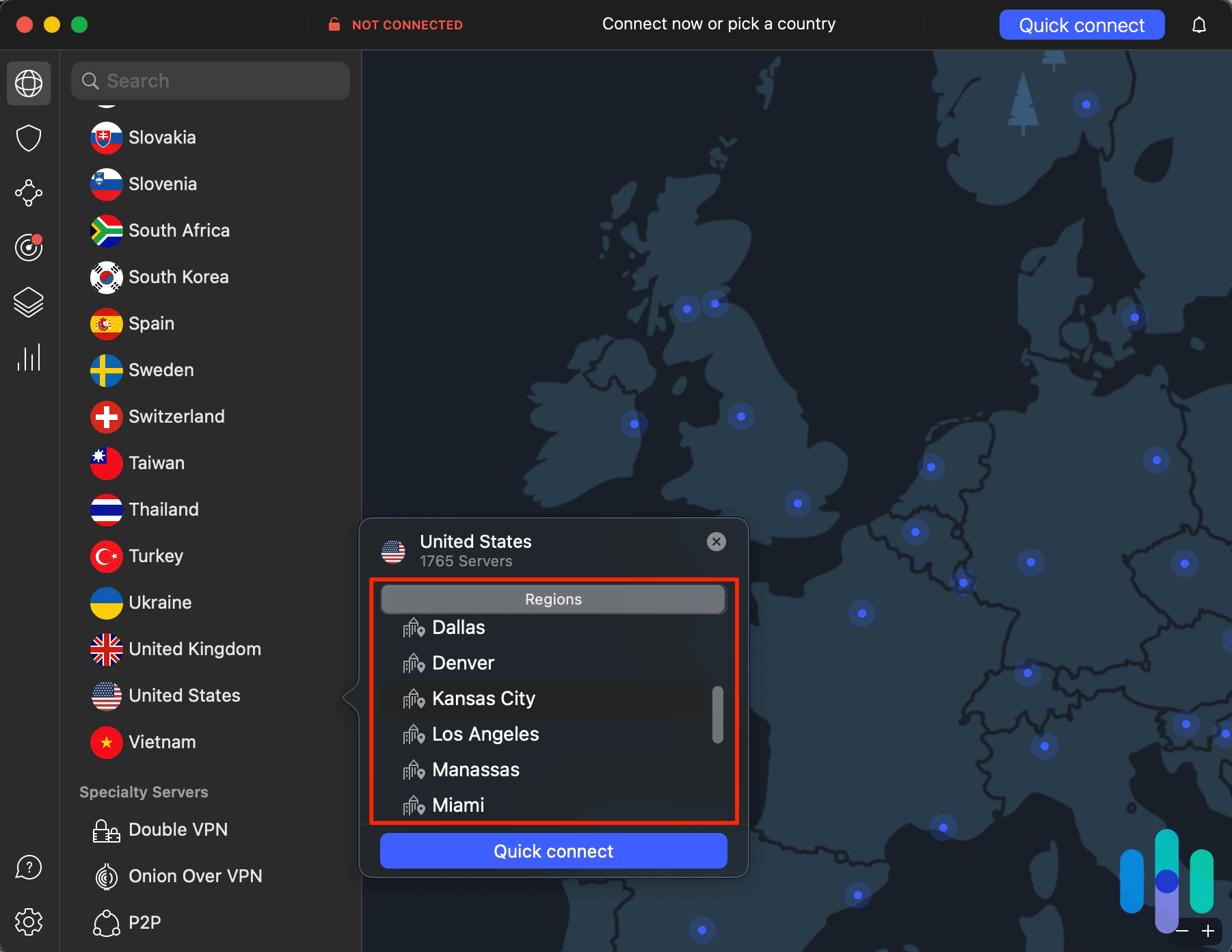 NordVPN has 16 US different cities to connect to with over 1765 servers