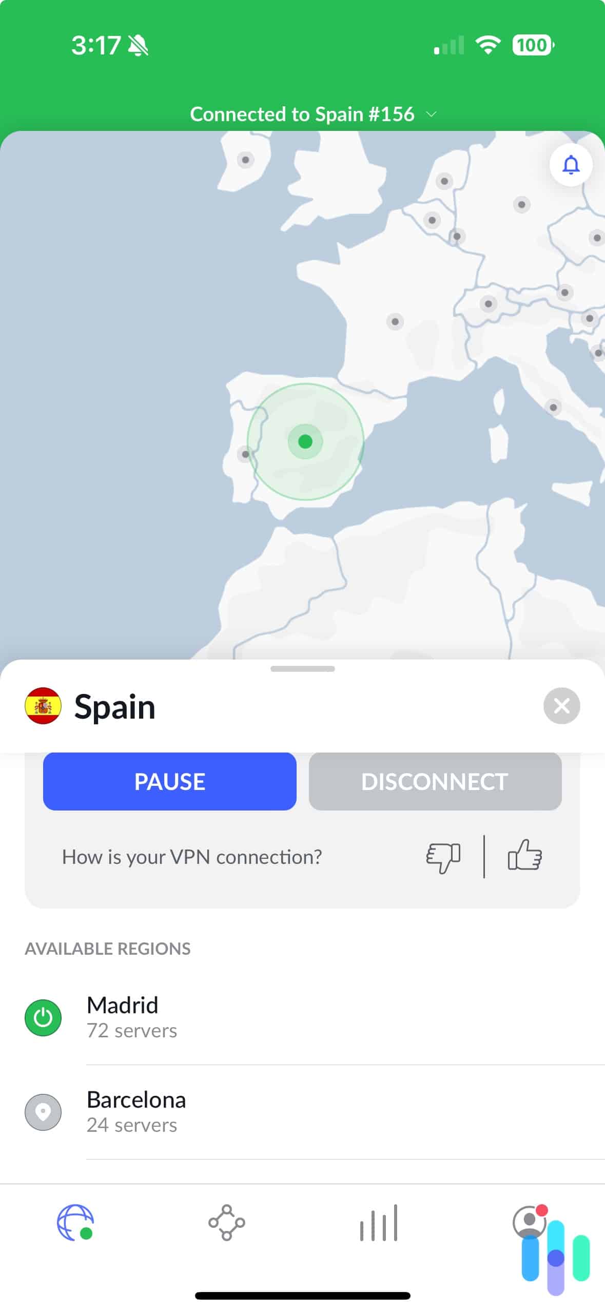 NordVPN iOS app connected to Madrid, Spain