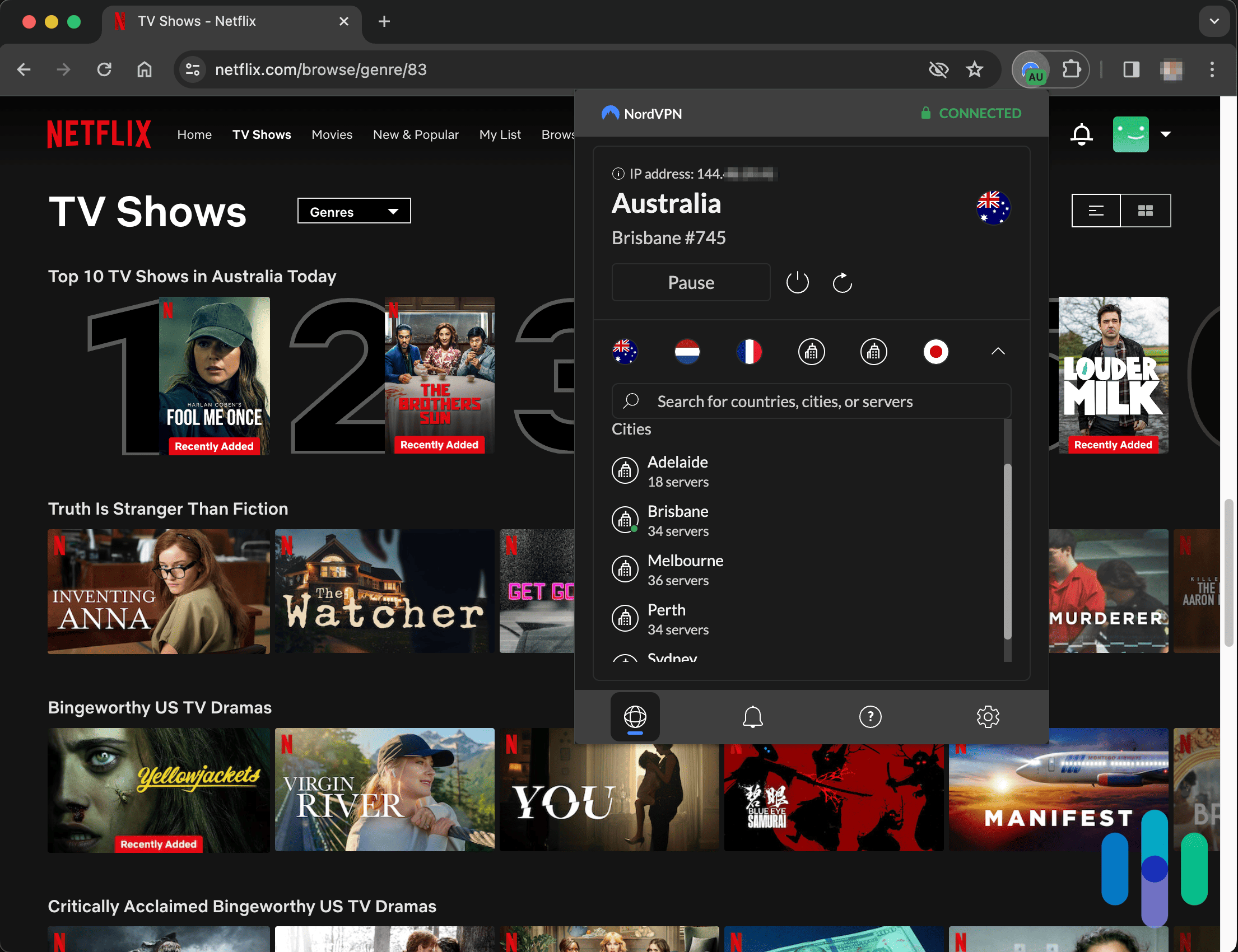 Testing the NordVPN Chrome App connected to Australia while browsing Netflix