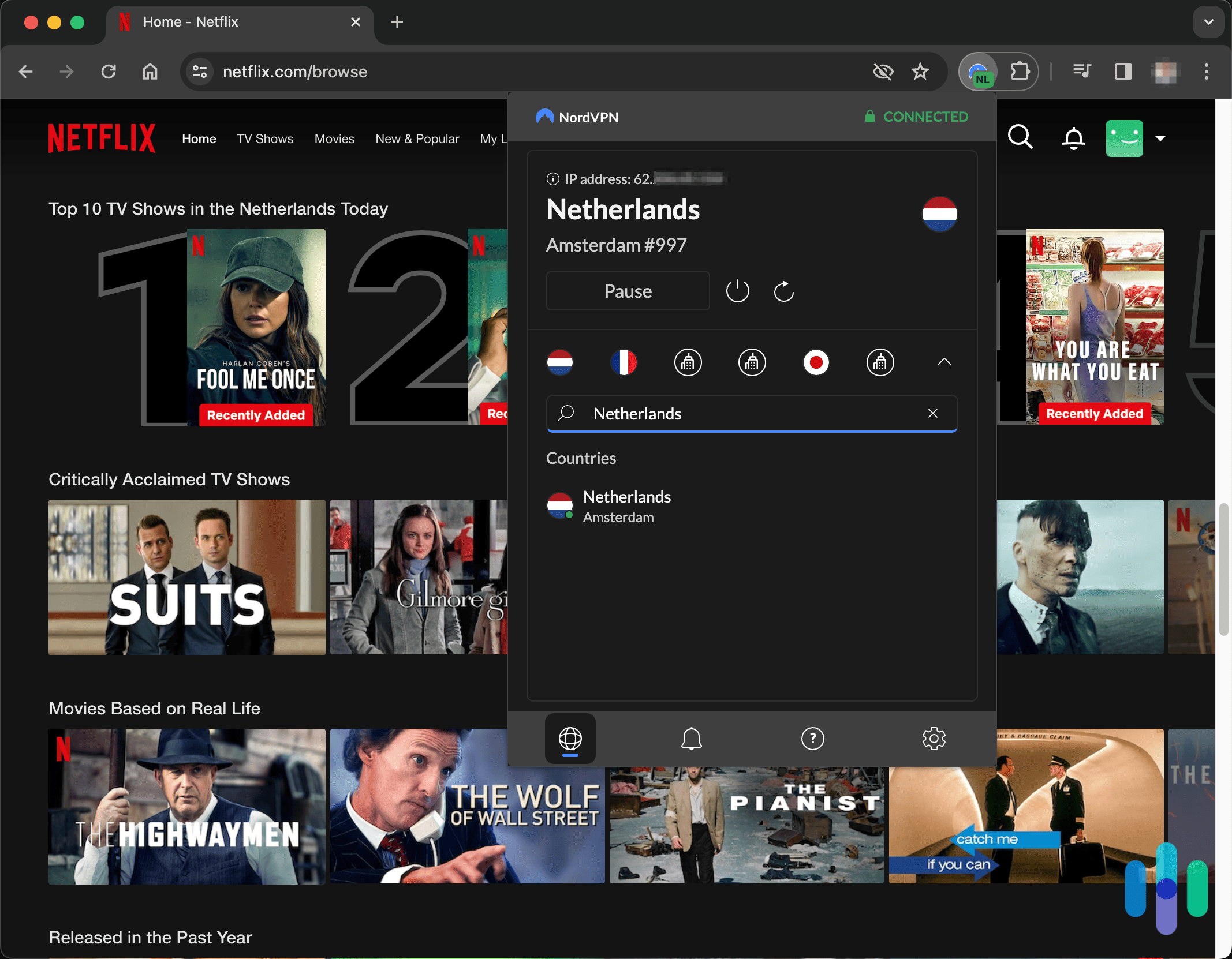 NordVPN Chrome app connected to the Netherlands while browsing Netflix