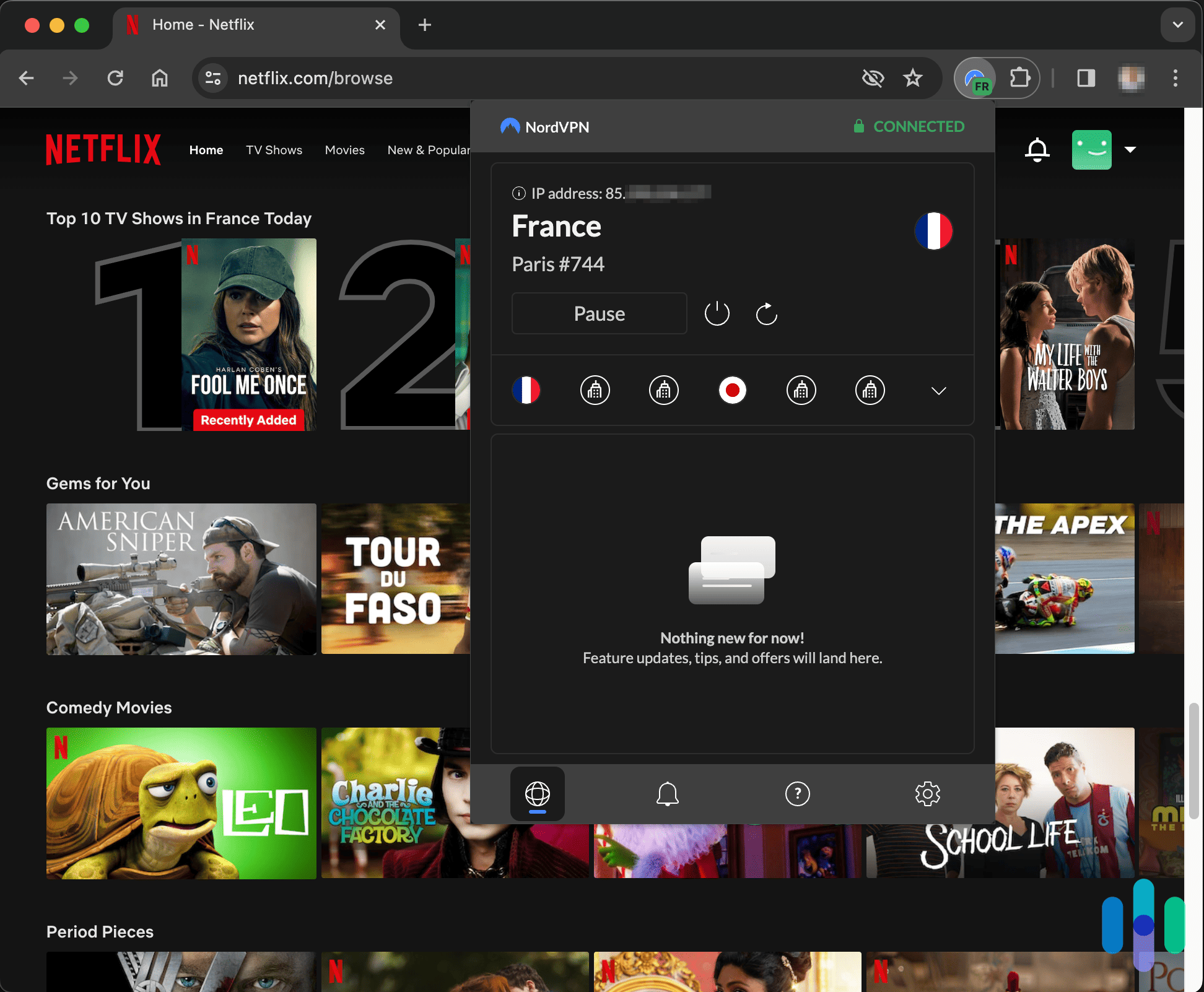 NordVPN Chrome extension connected to France and viewing Netflix