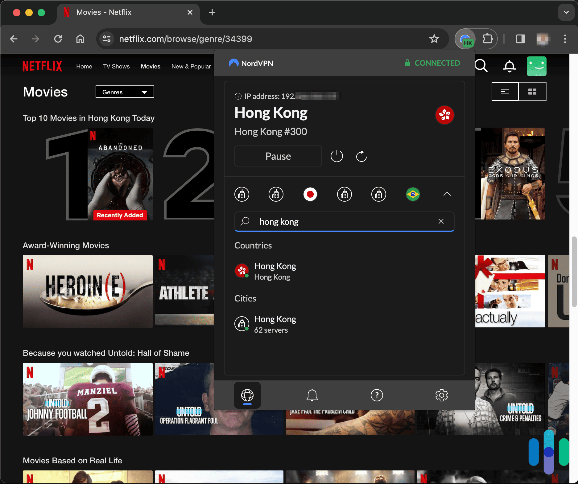 NordVPN with the Chrome extension connected to Hong Kong while on Netflix