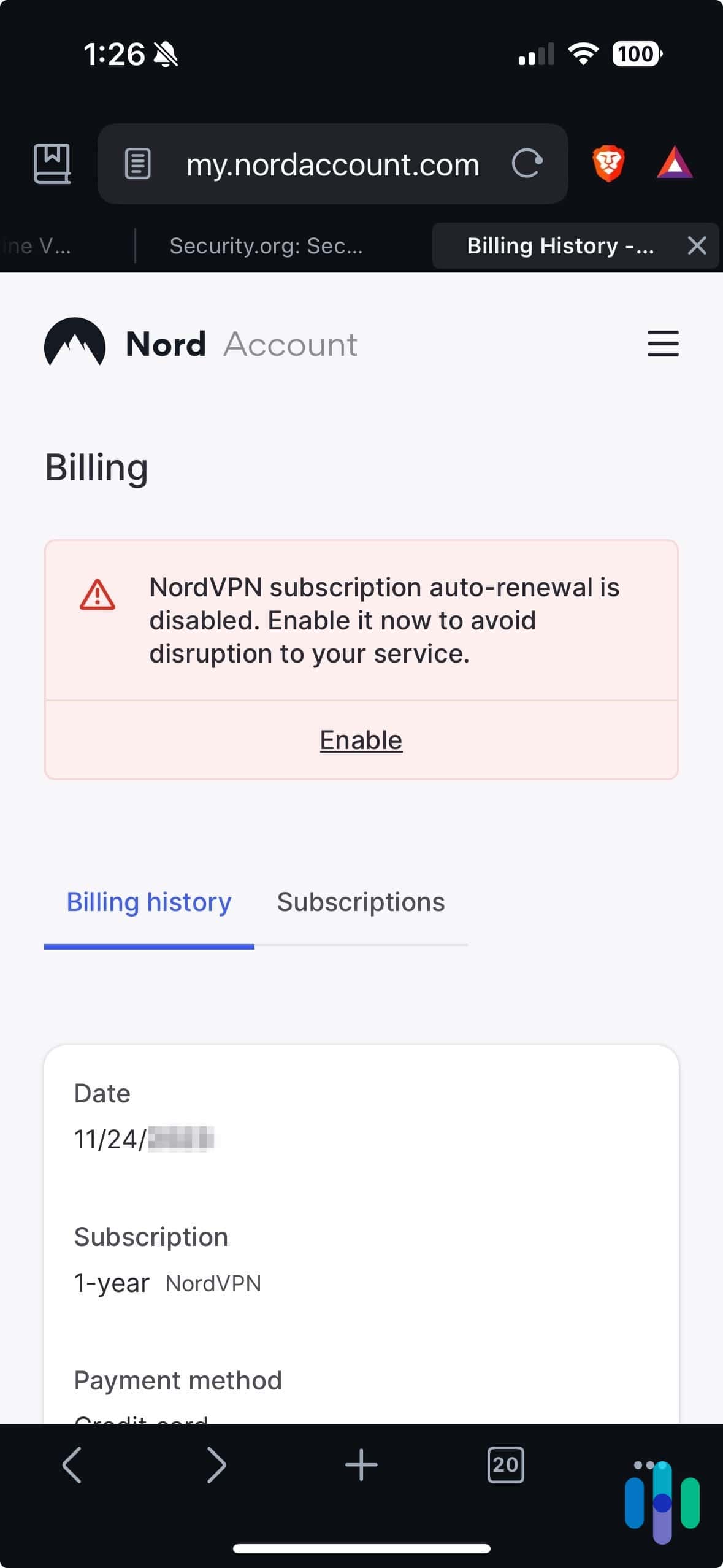 NordVPN's auto-renewal disabled notification