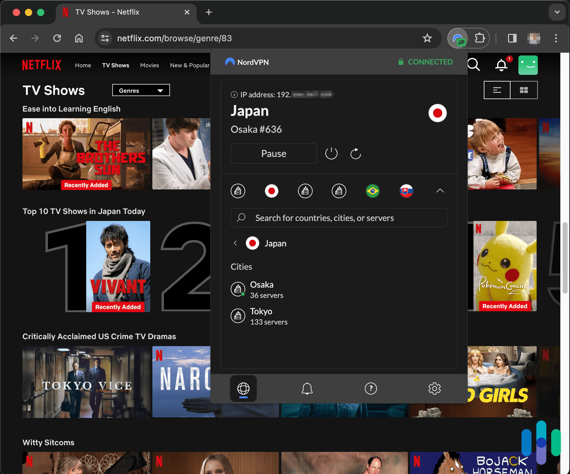 NordVPN Chrome app connected to Osaka, Japan while looking at Netflix