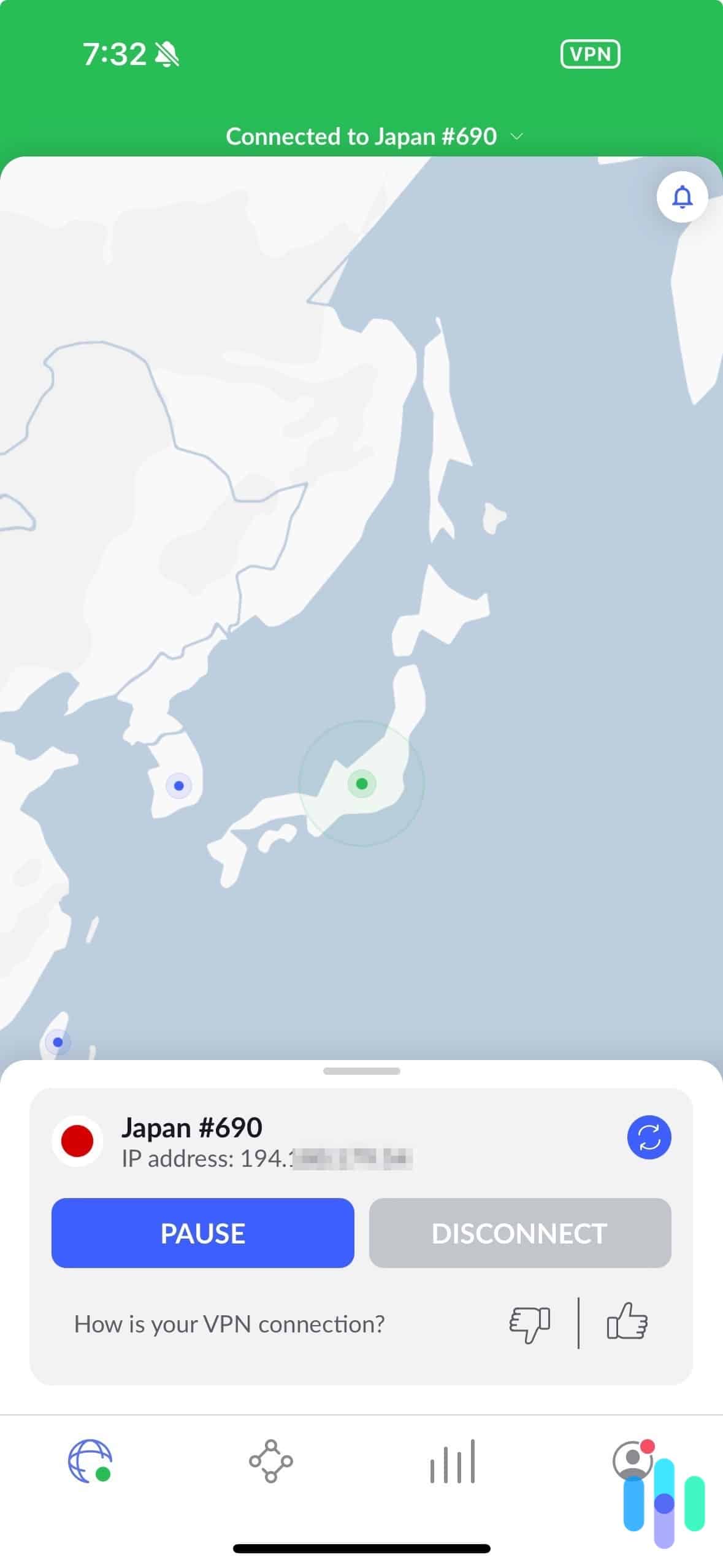 NordVPN iOS app connected to a Japan server
