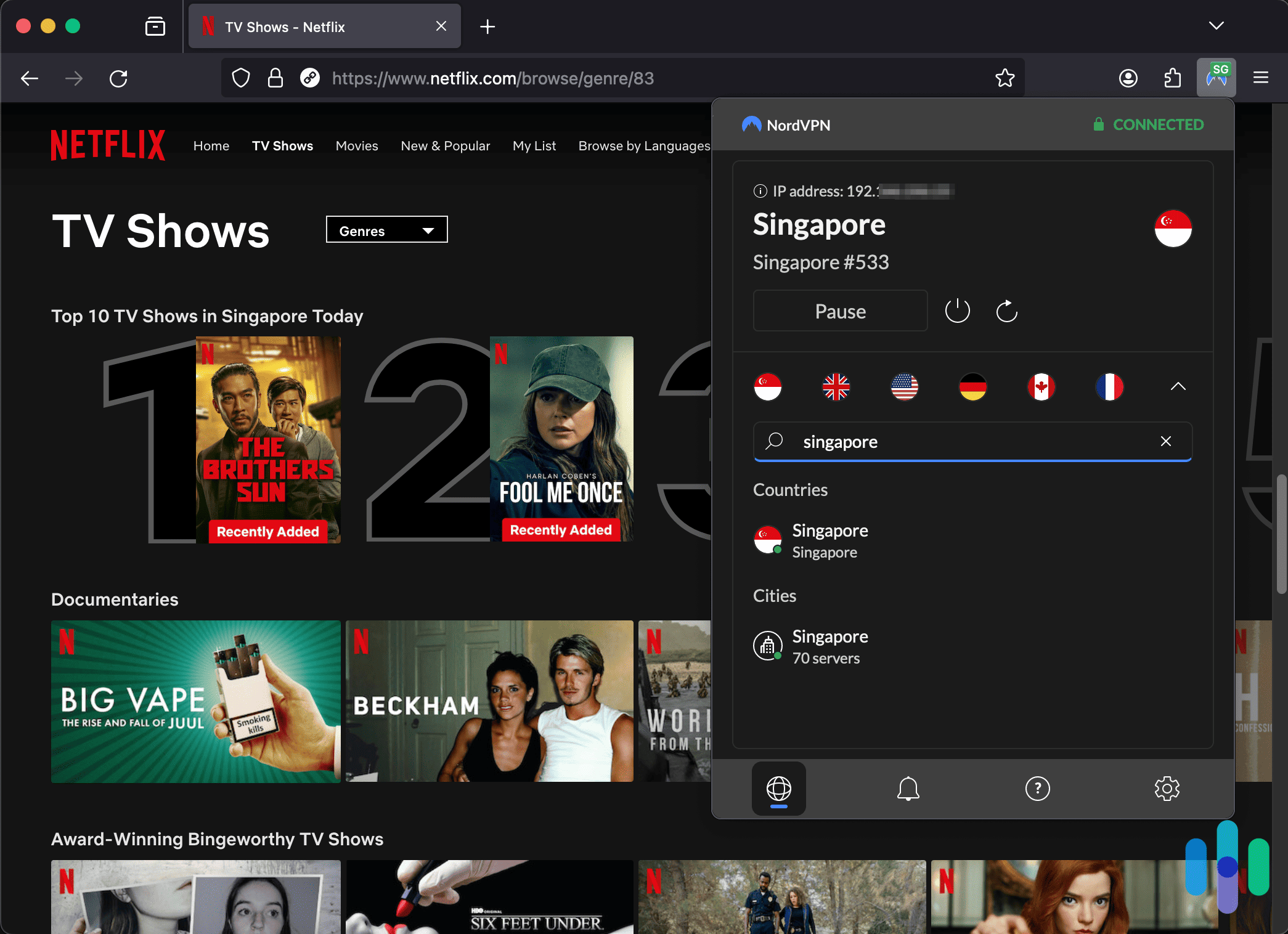 NordVPN with the Firefox extension connected to Singapore while viewing Netflix