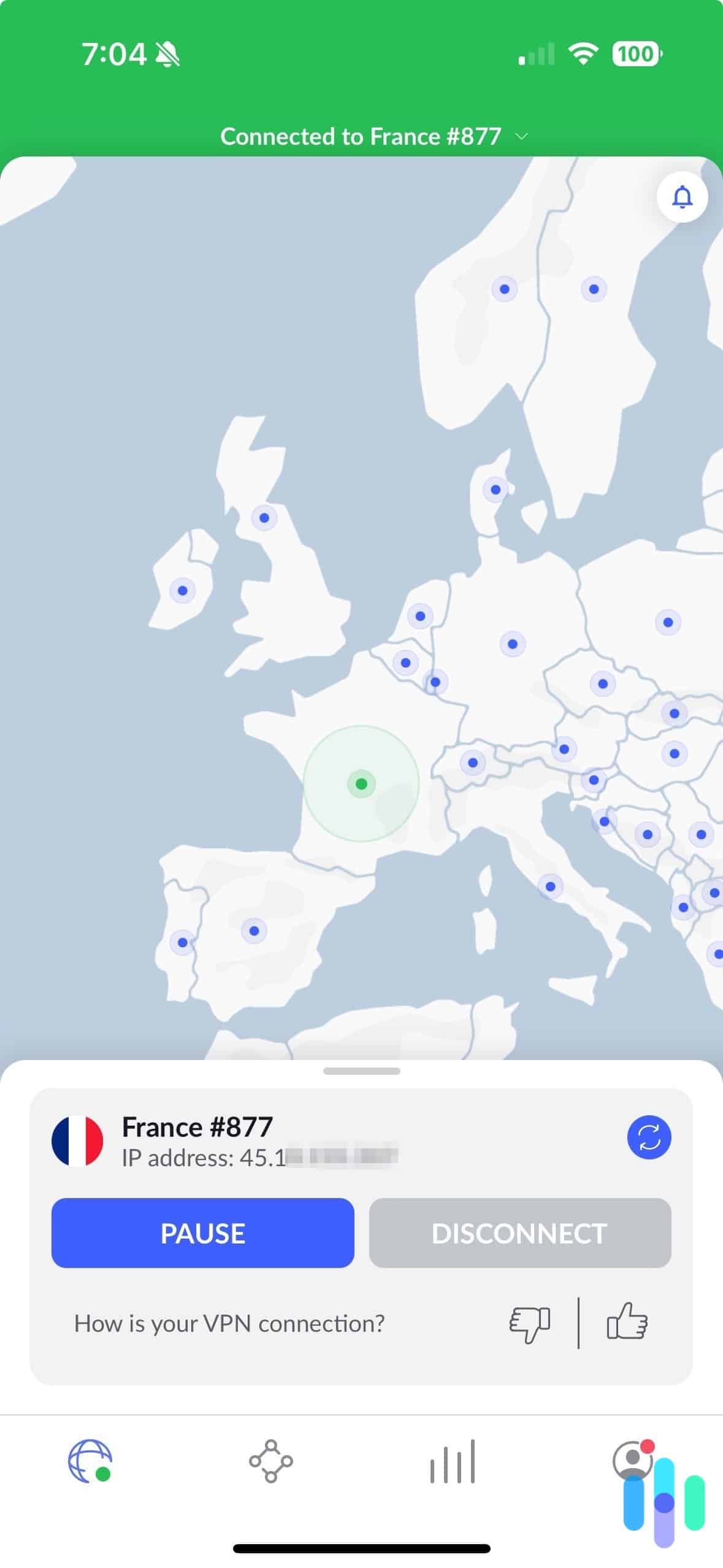 NordVPN iOS app connected to France