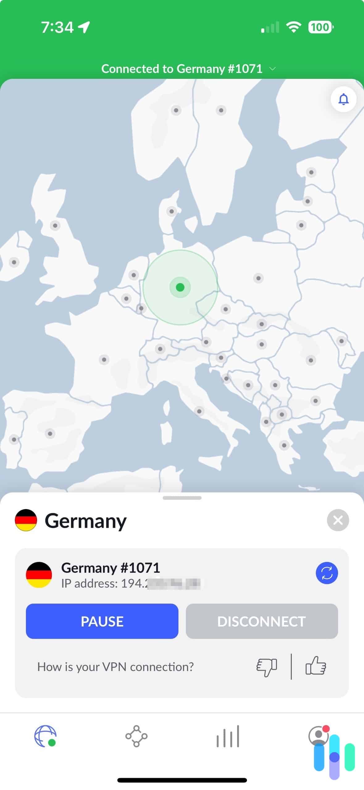 NordVPN iOS app connected to a server in Germany