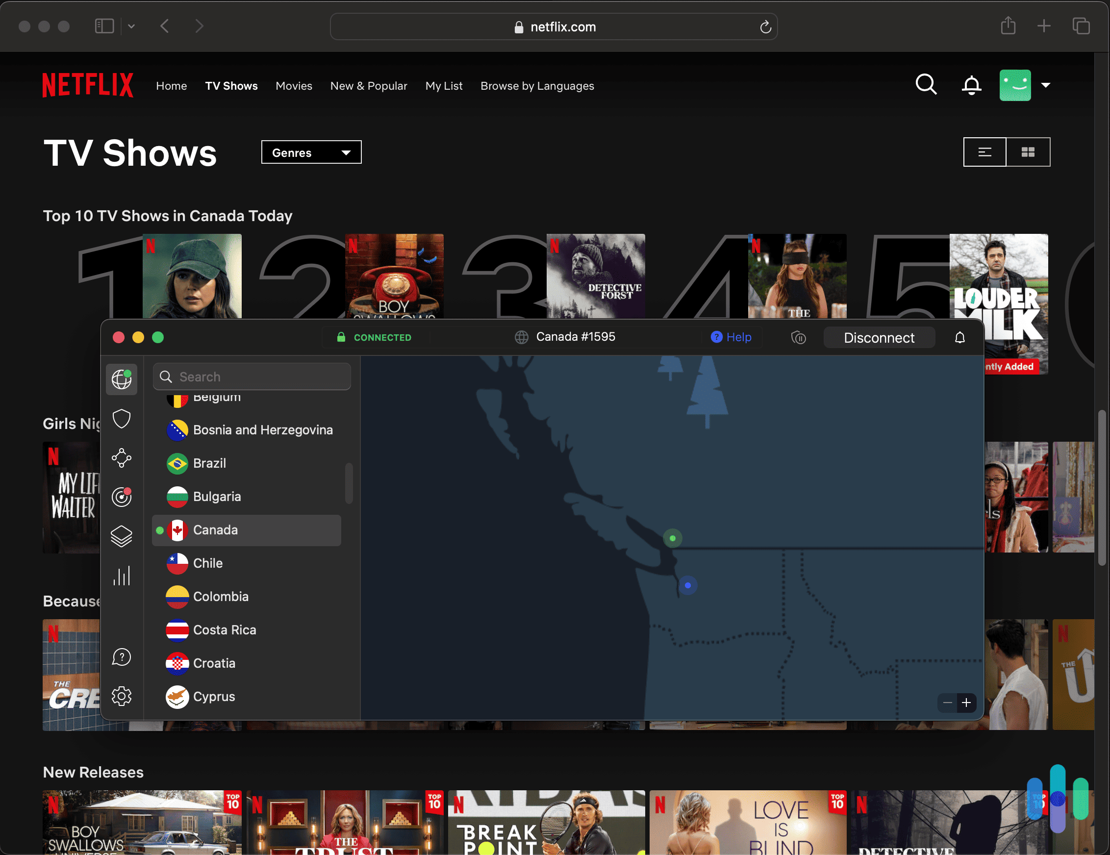Using Safari with NordVPN while connected to Canada and browsing Netflix