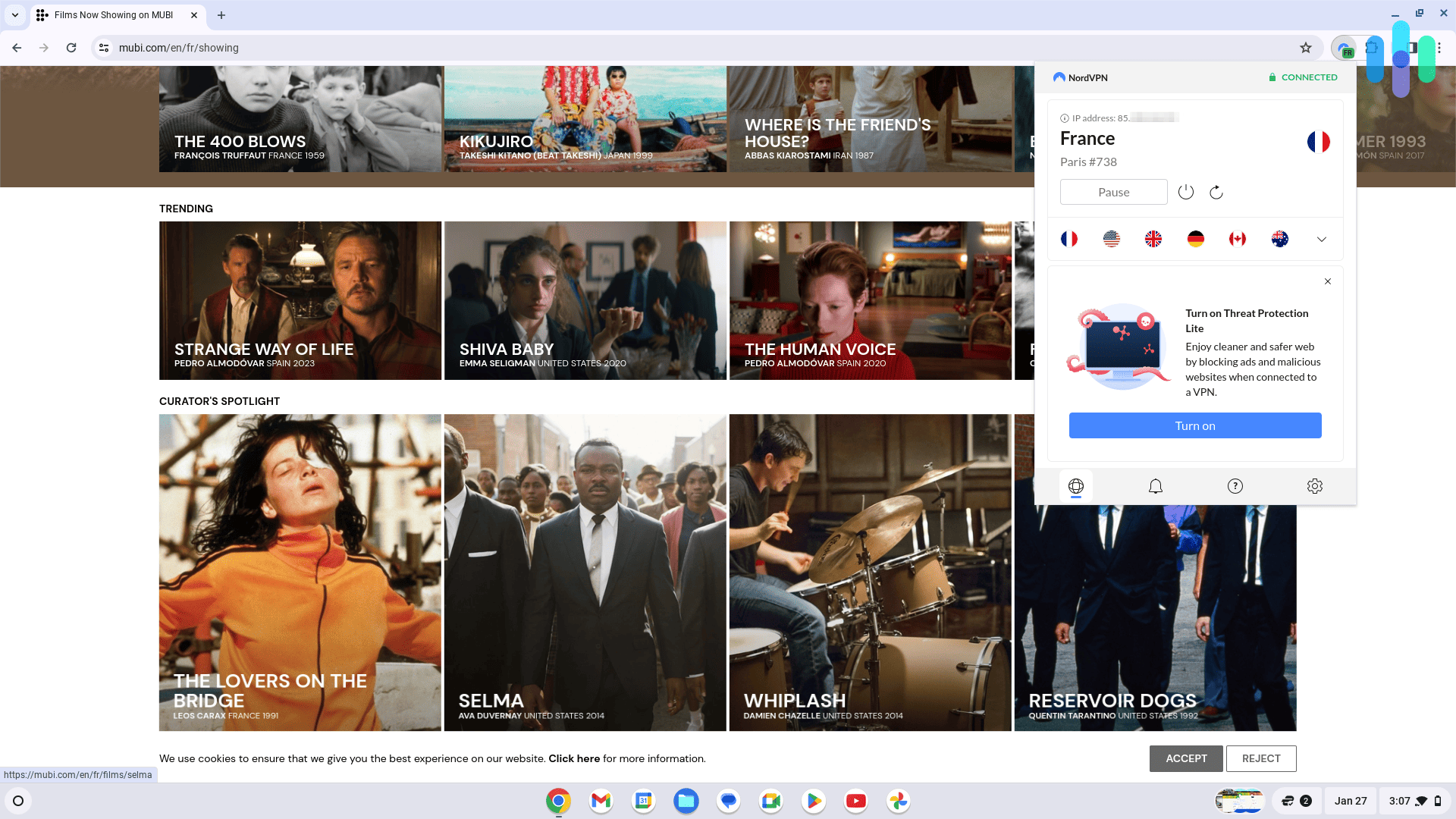 On Mubi and testing NordVPN connected to France on a Chromebook