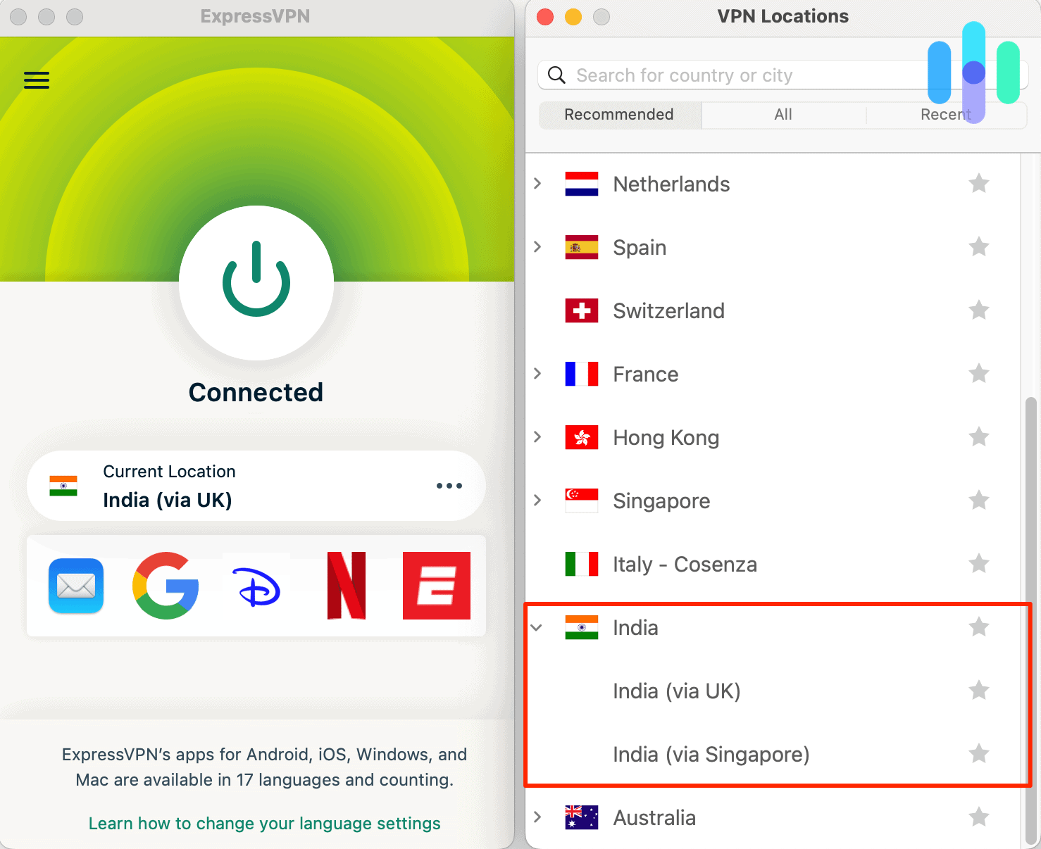 ExpressVPN's India server options