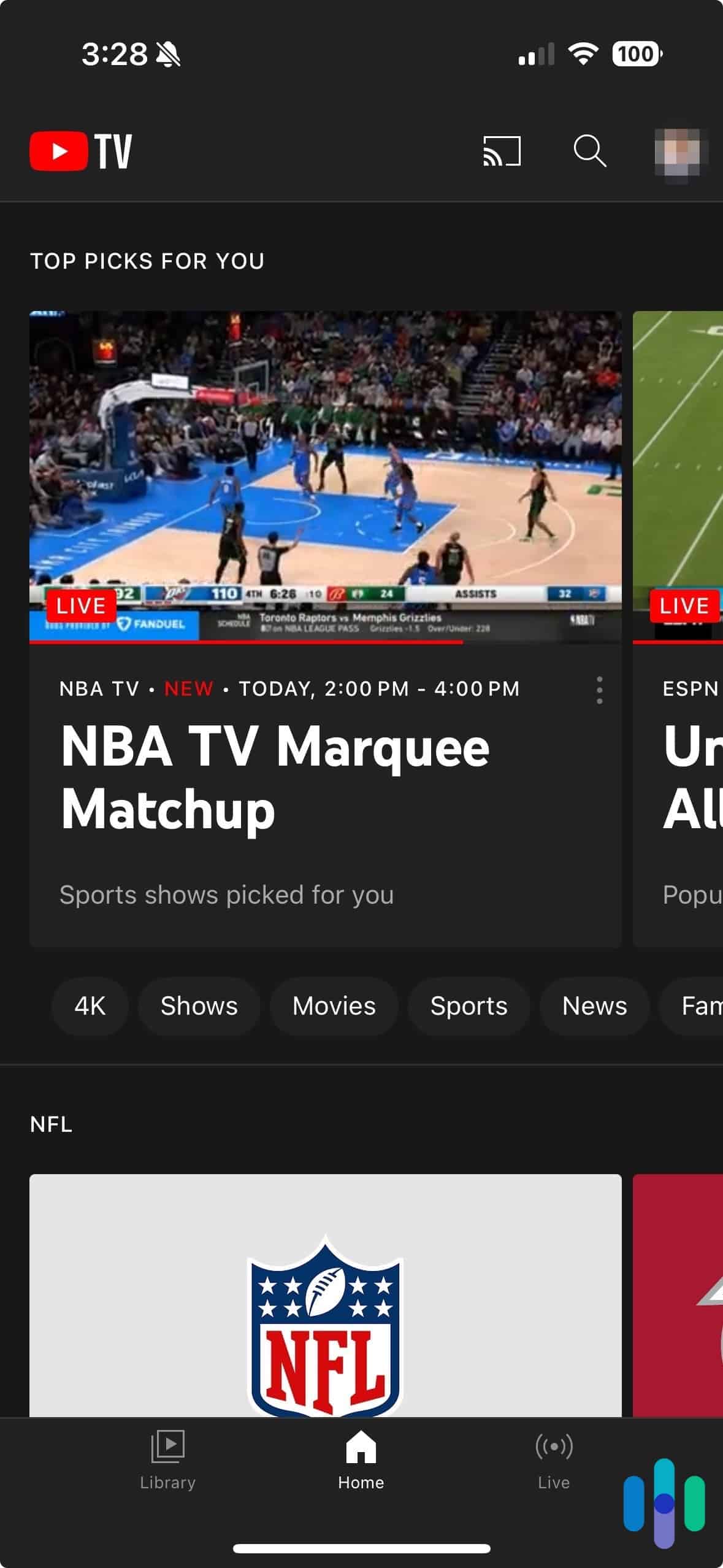 Watching YouTube TV on mobile with Surfshark VPN enabled