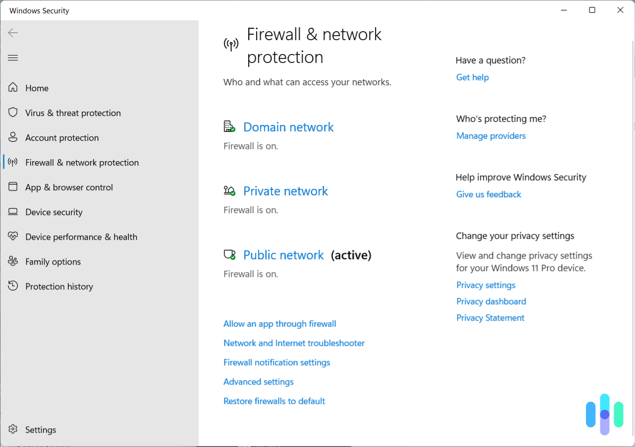 Windows firewall & network protection settings