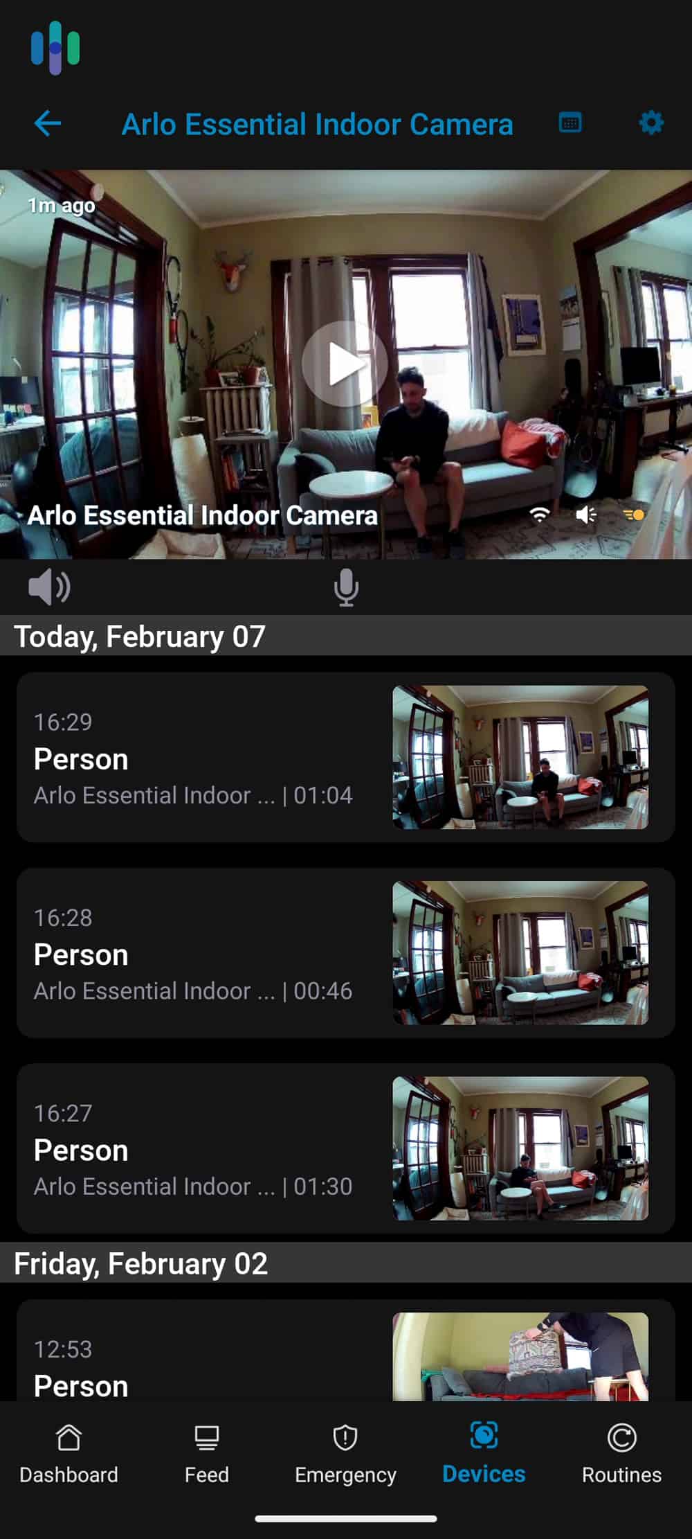 Devices view on the Arlo Secure app