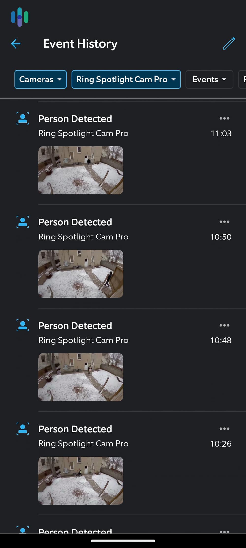 Ring Spotlight Cam Pro event history on the Ring app