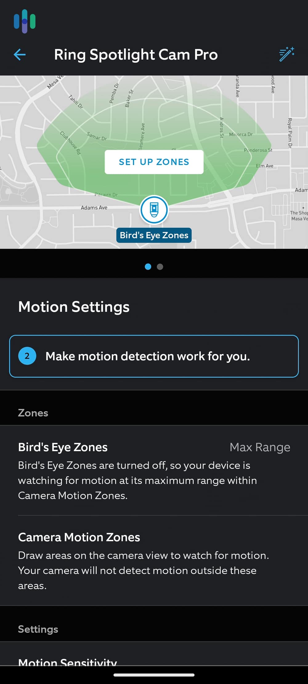 Ring Spotlight Cam Pro motion settings on the app
