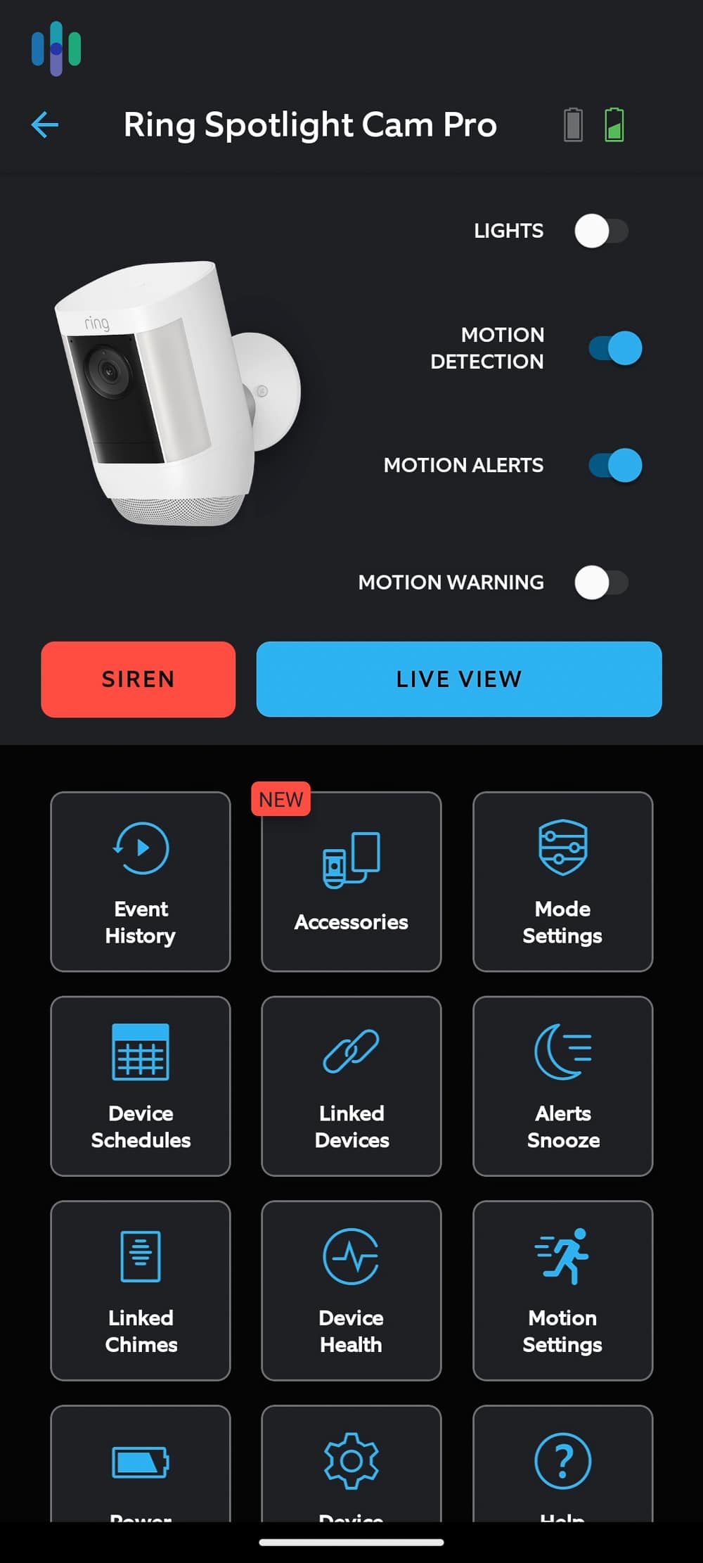 Ring Spotlight Cam Pro main screen on the Ring app