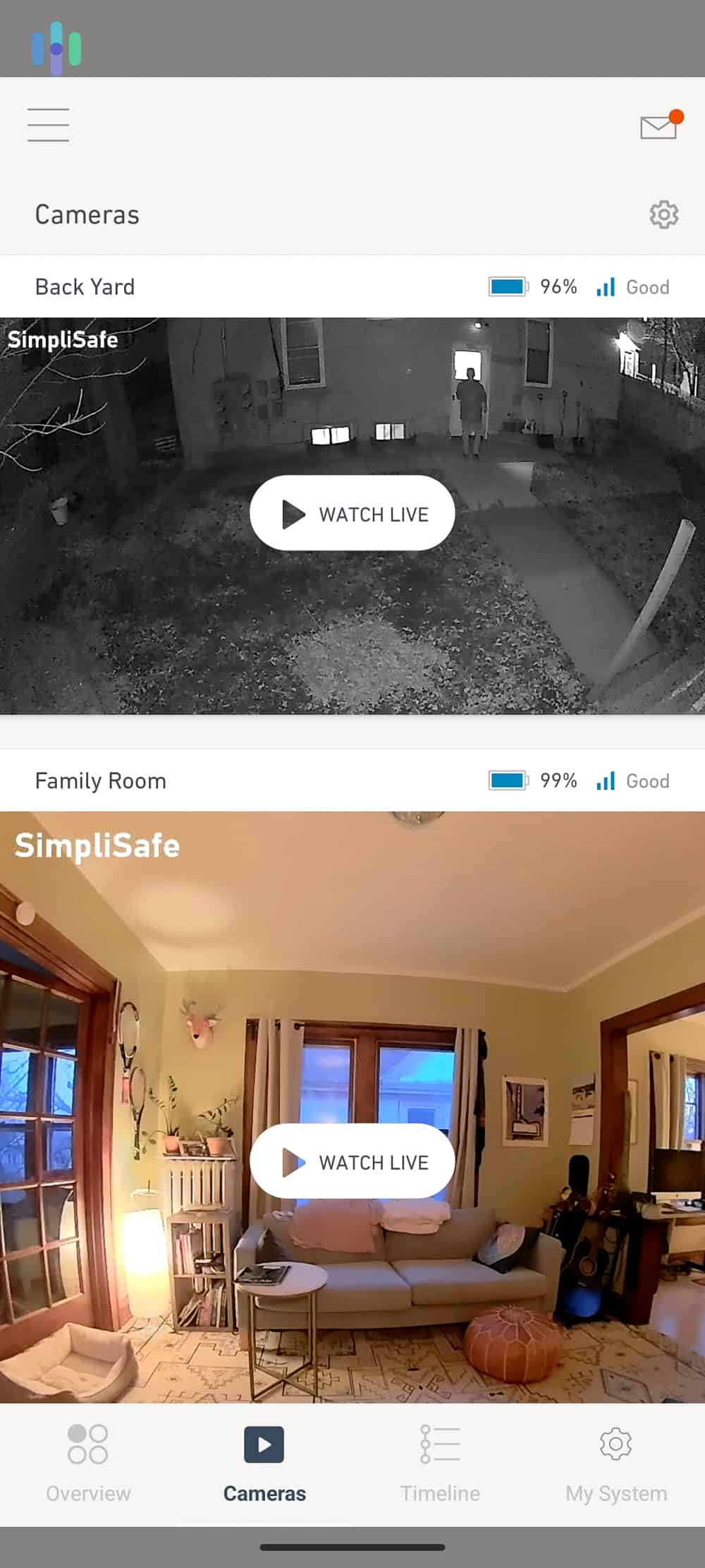 Cameras on the SimpliSafe app