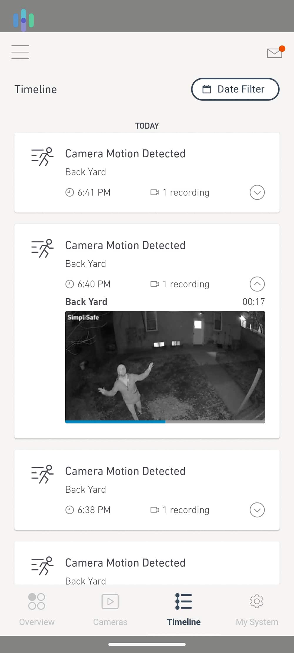 Motion detected on the SimpliSafe app