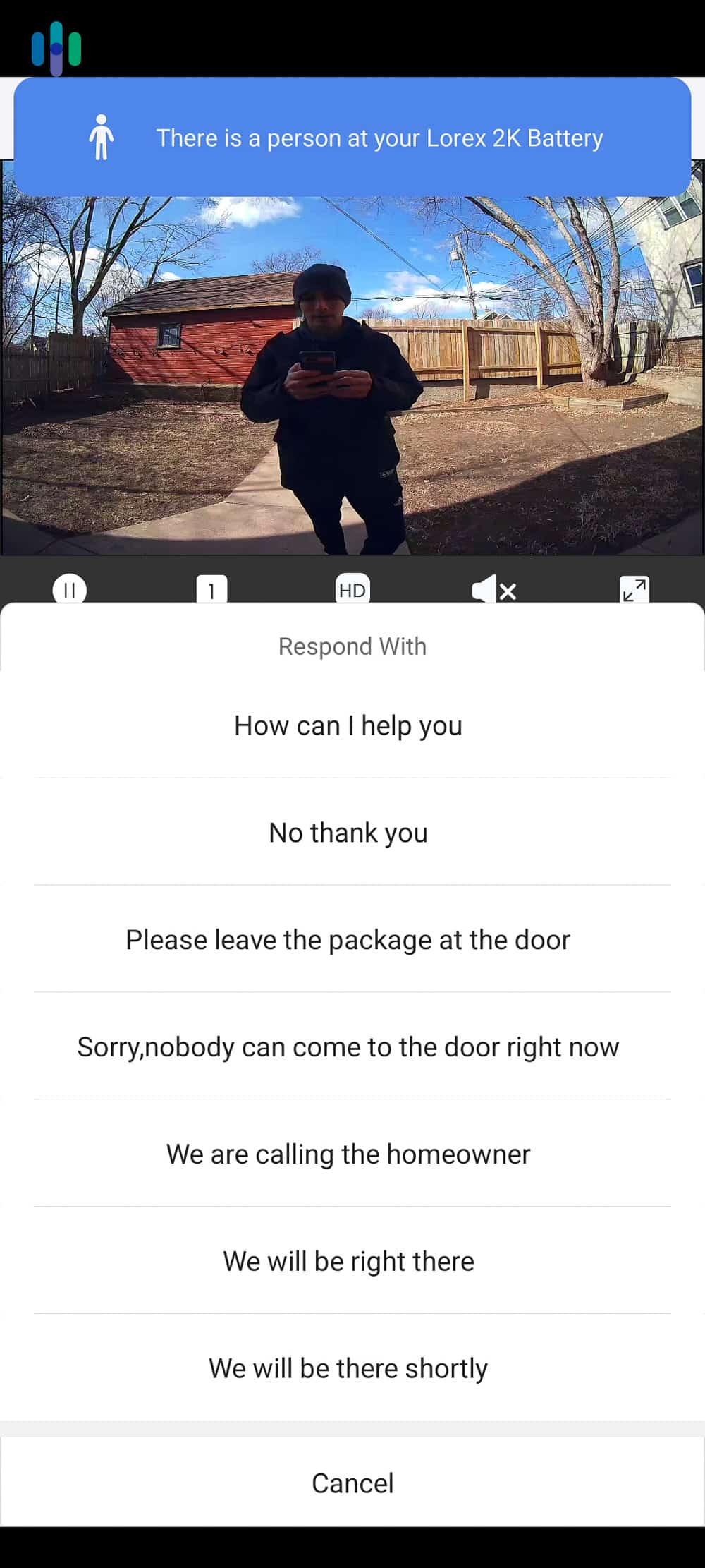 Response options when a person is detected at your Lorex doorbell.