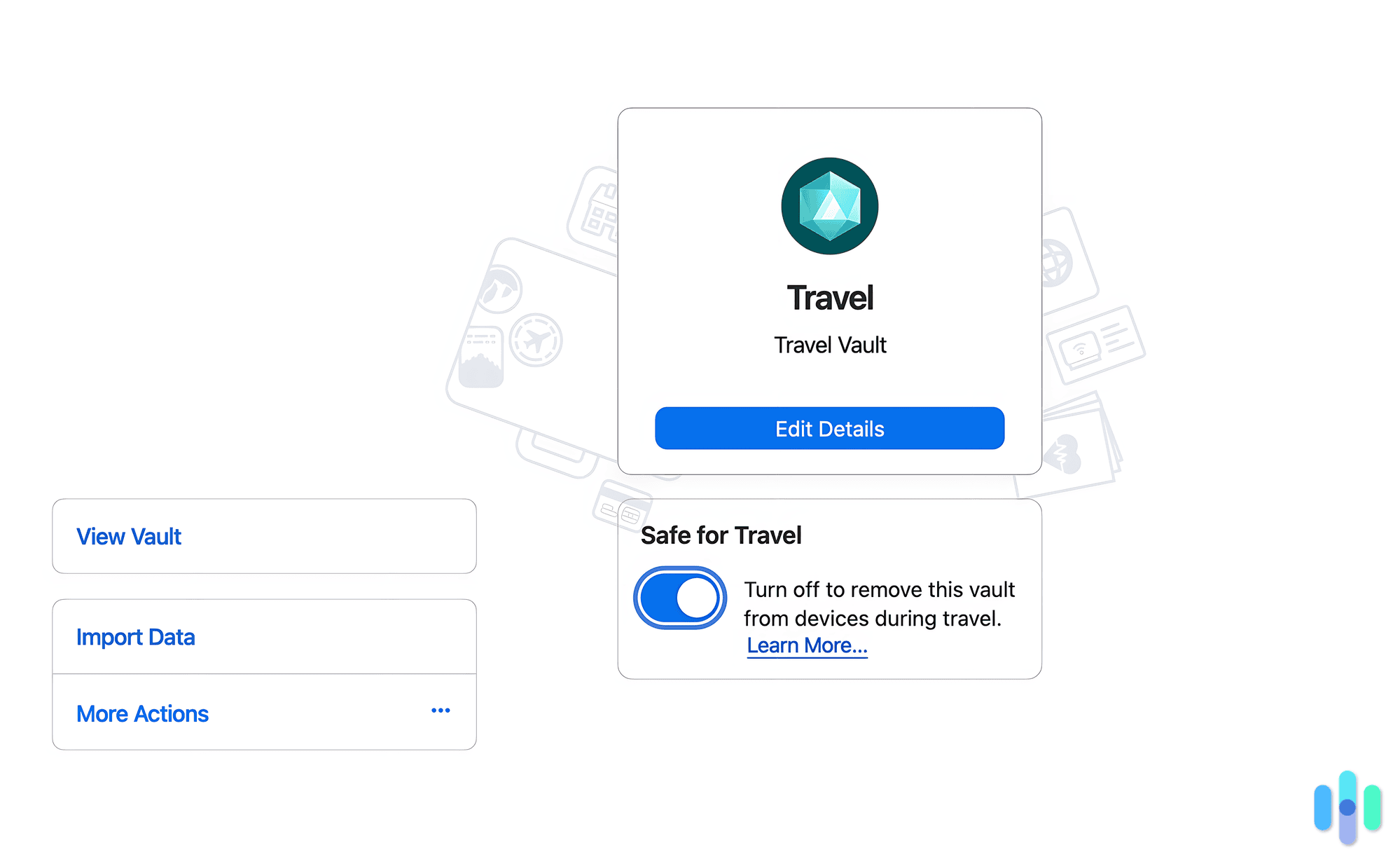 1Password has a Travel Vaul that removes sensitive files from your device when you’re traveling. 