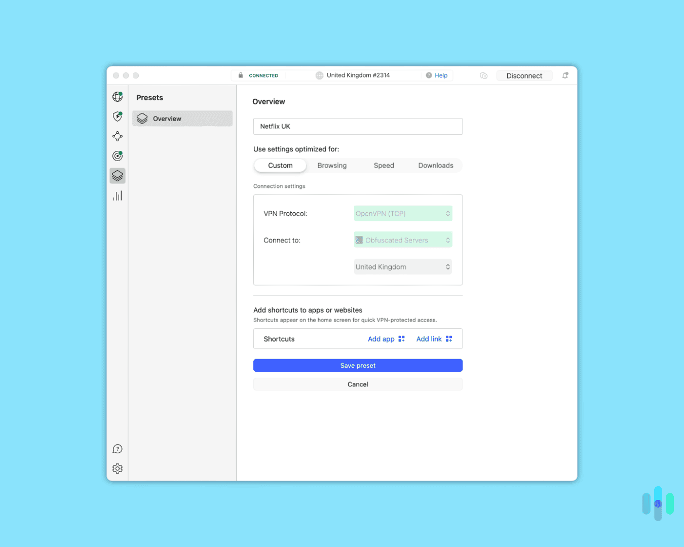 Saving our presets so NordVPN will remember our Netflix connection.