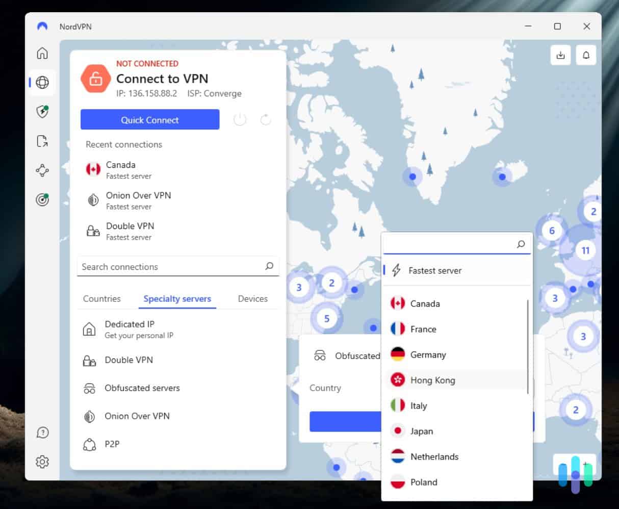 Obfuscated servers are specialty servers; we found only 16 countries in NordVPN’s list of obfuscated servers