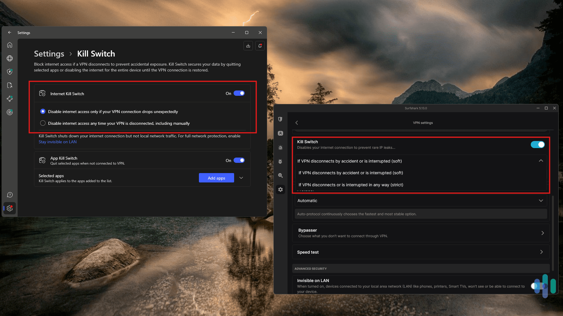 We found out that NordVPN and Surfshark's kill switches work the same way