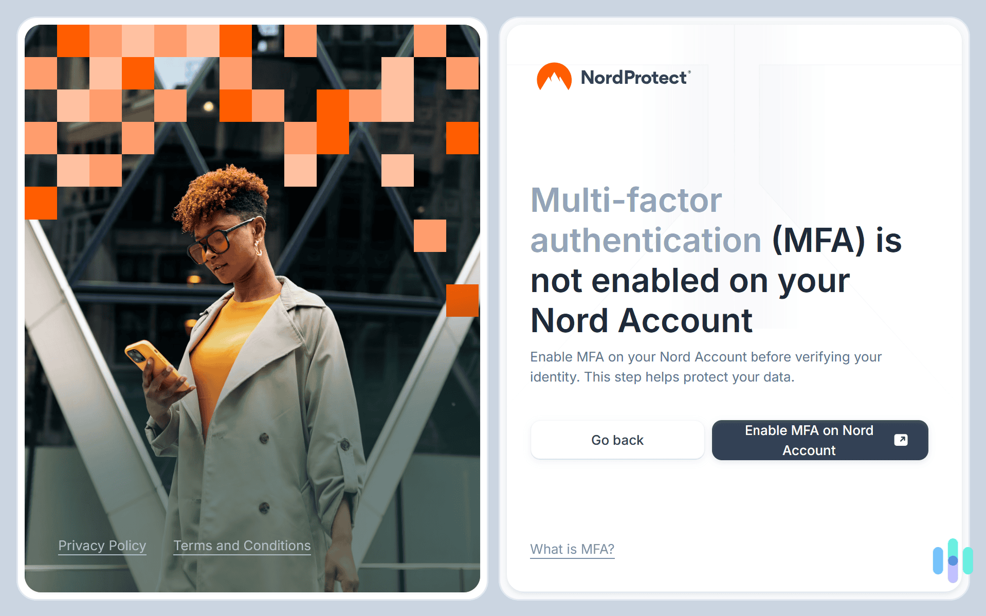 Before verifying our identity to access NordProtect’s credit monitoring, we had to enable multifactor authentication for our Nord account.
