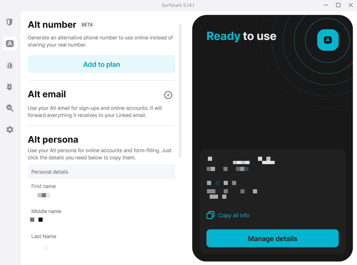 In just a few minutes, we were able to set up an alternative email address and persona using Surfshark's Alternative ID feature.