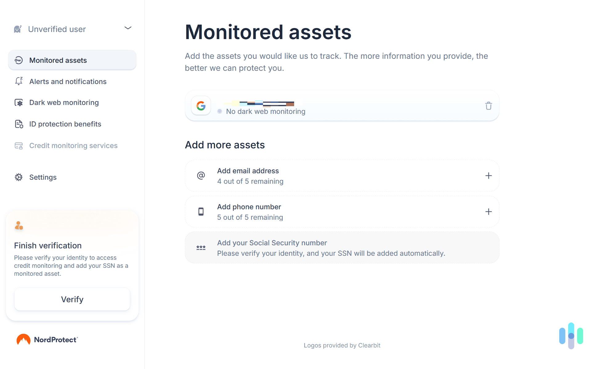 NordProtect provided a window for each of their features on the left-hand side of our dashboard.
