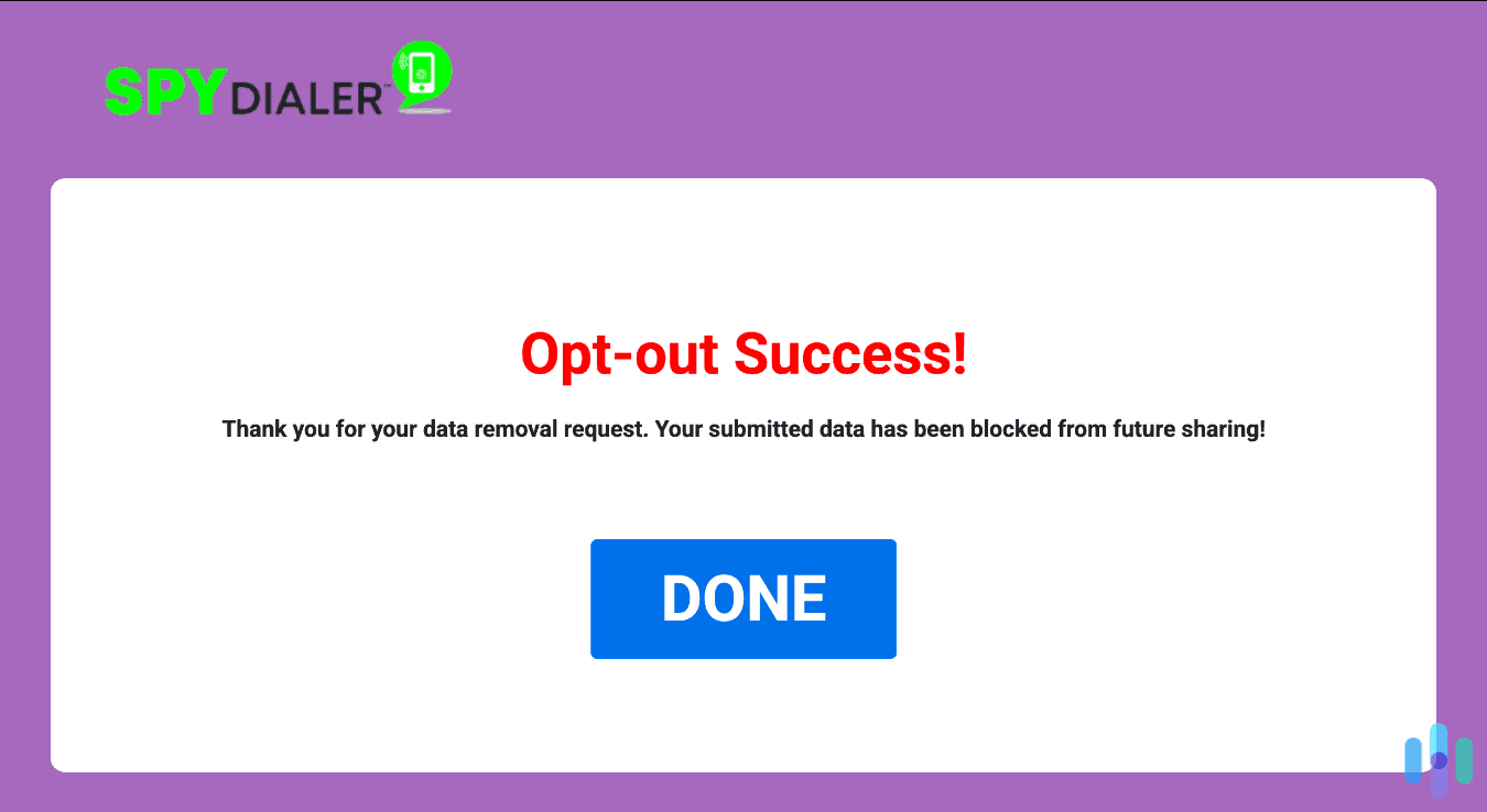 Spy Dialer shows us an opt-out success message.