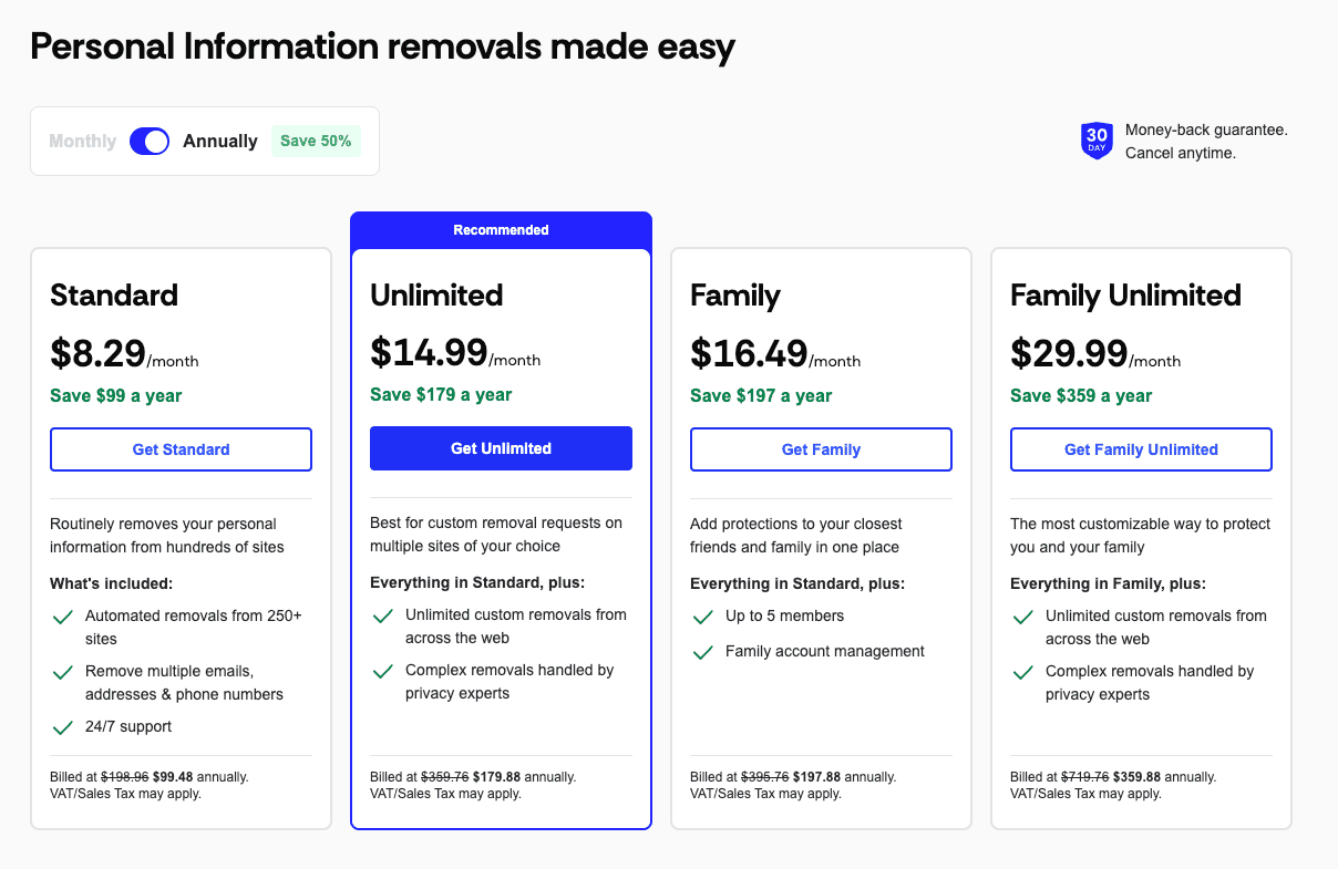Incogni subscription plans