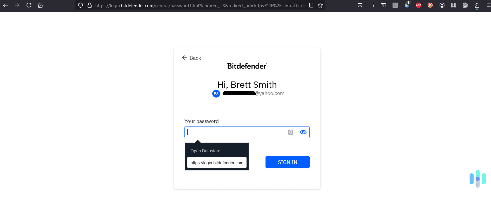 Logging into Bitdefender (above) is different from logging into Secure Pass