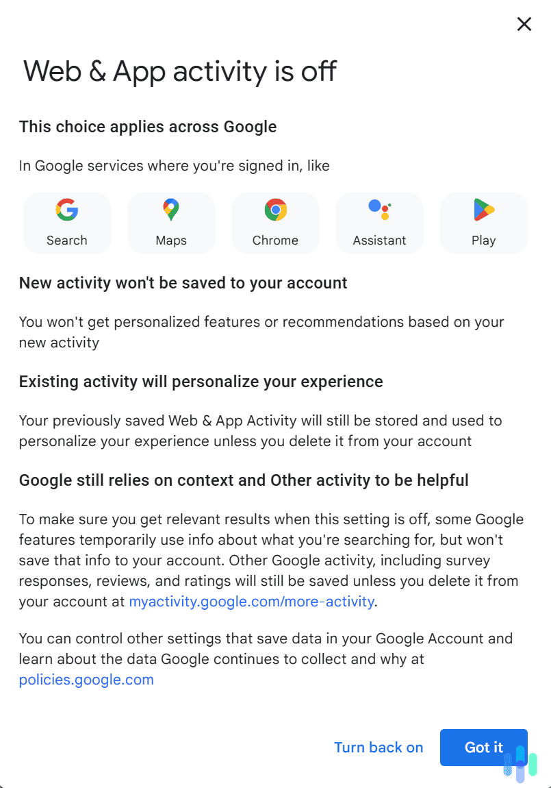 That's it - Google won't save new searches to your account dashboard.