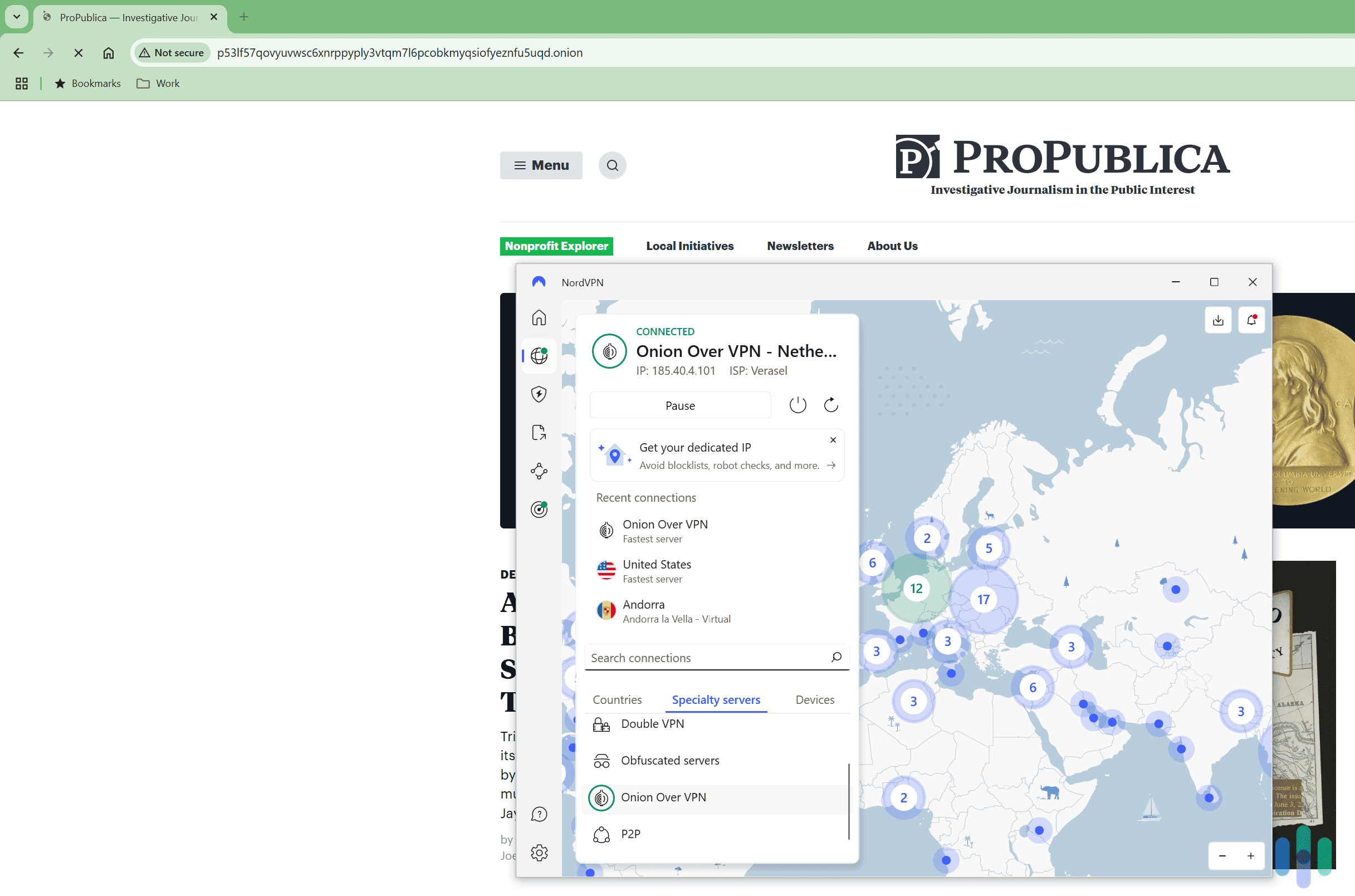 We were able to use NordVPN's Onion Over VPN servers to access dark web links in our Chrome browser.