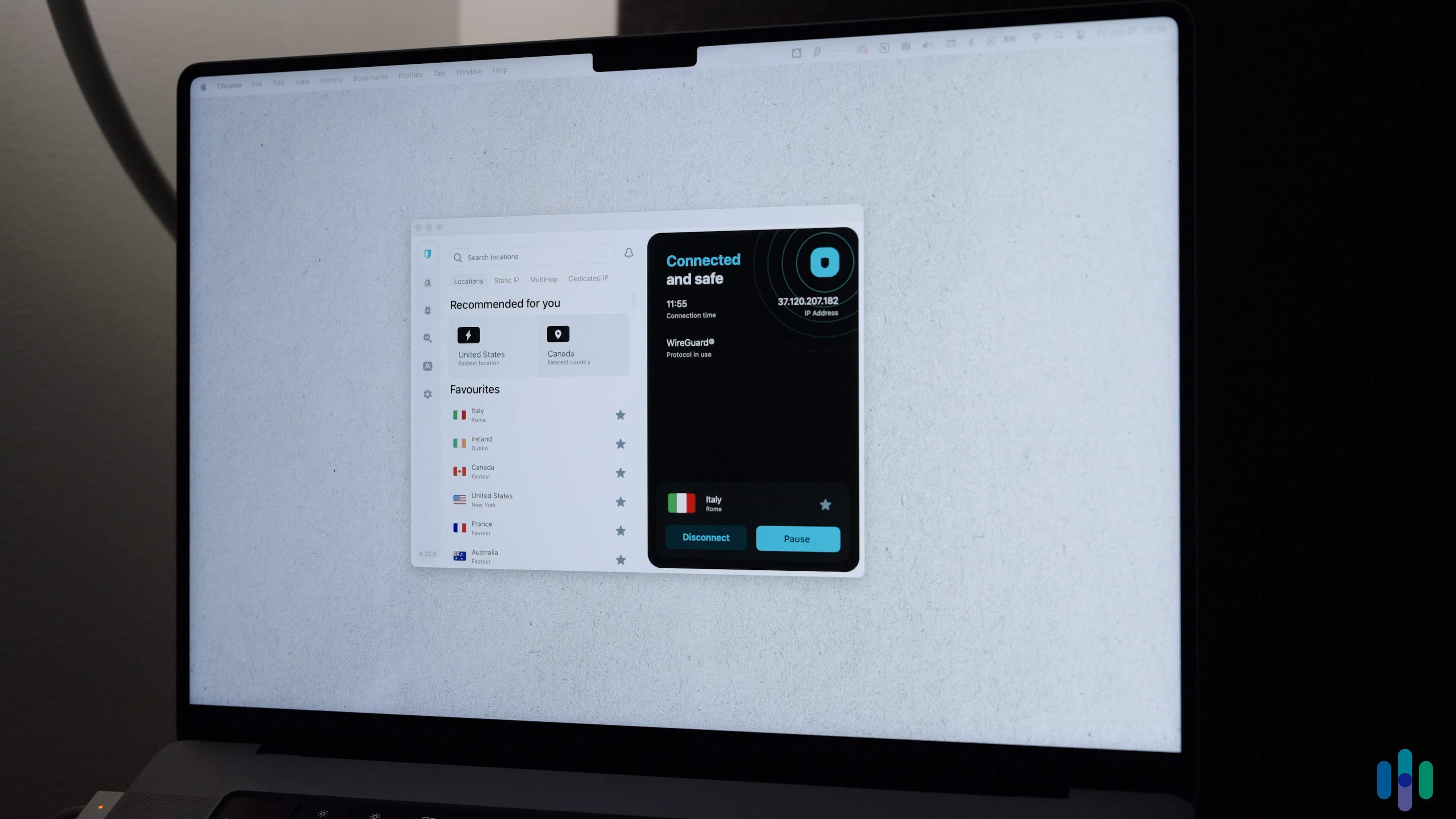Surfshark connected to an Italian sever on macOS
