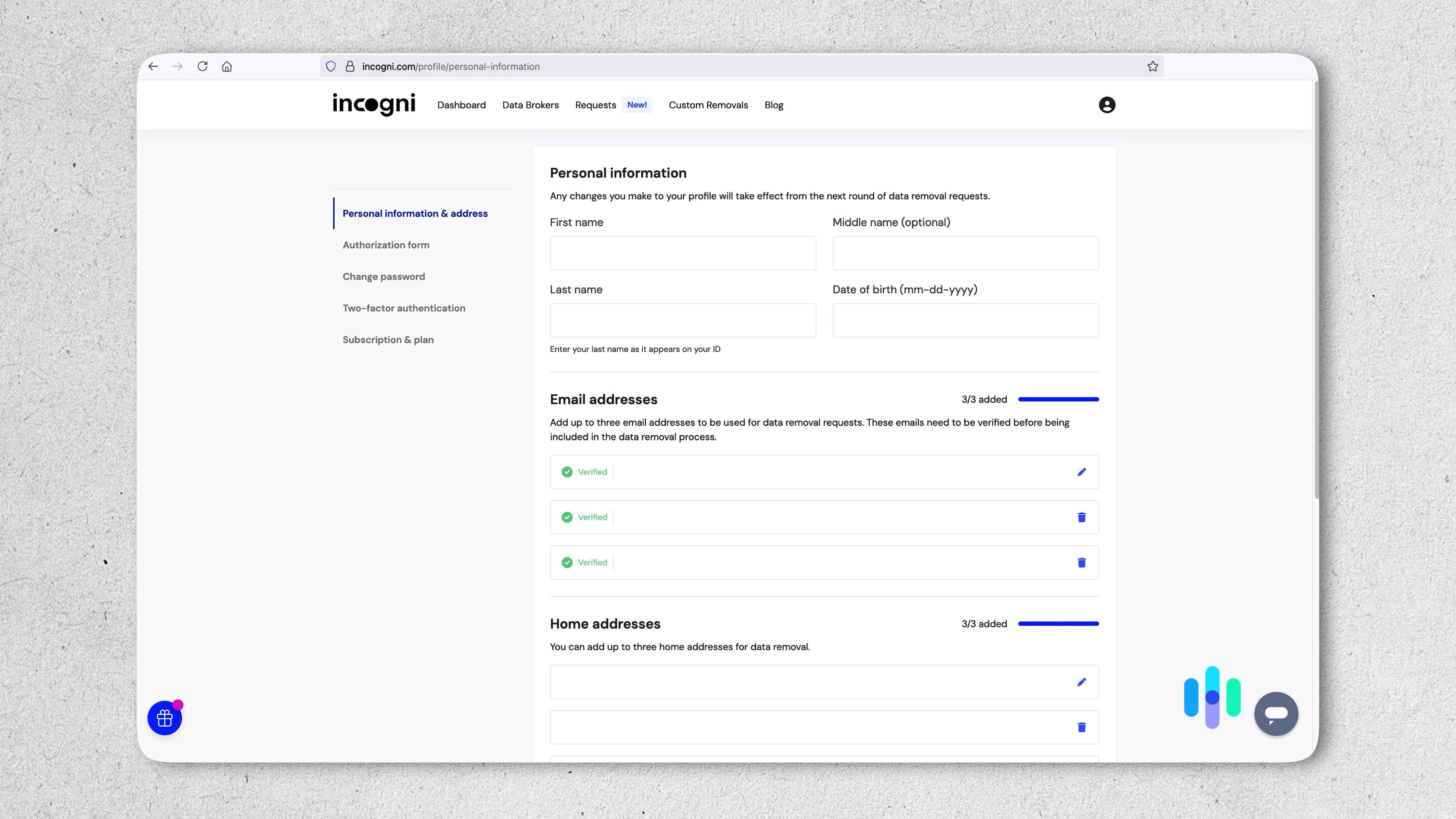 Adding personal information to Incogni