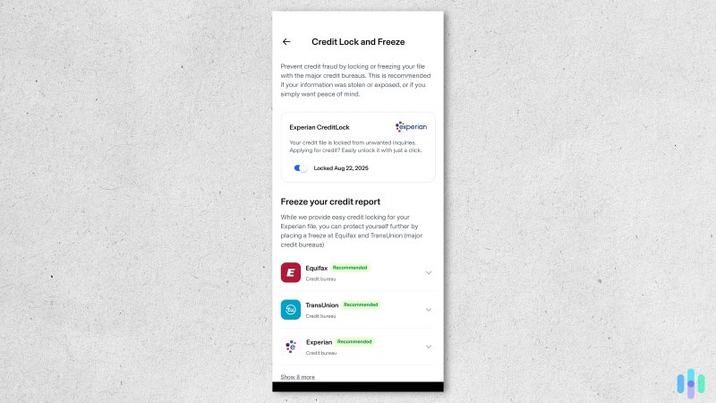 Locking our credit report at Experian on Aura’s Android app.